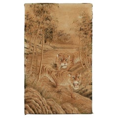 Tapisserie japonaise ancienne en tapisserie beige-marron représentant un tigre, affiche de Rug & Kilim