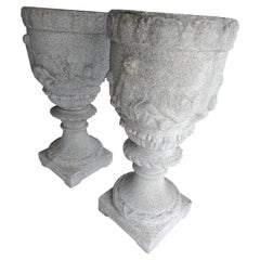 Pair of 19thC Cast Stone & Shell with Bas Relief Tall Jardineres Planters
