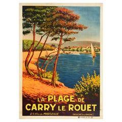 Affiche ancienne originale pour La Plage De Carry Le Rouet Seaside Beach Sailing Art