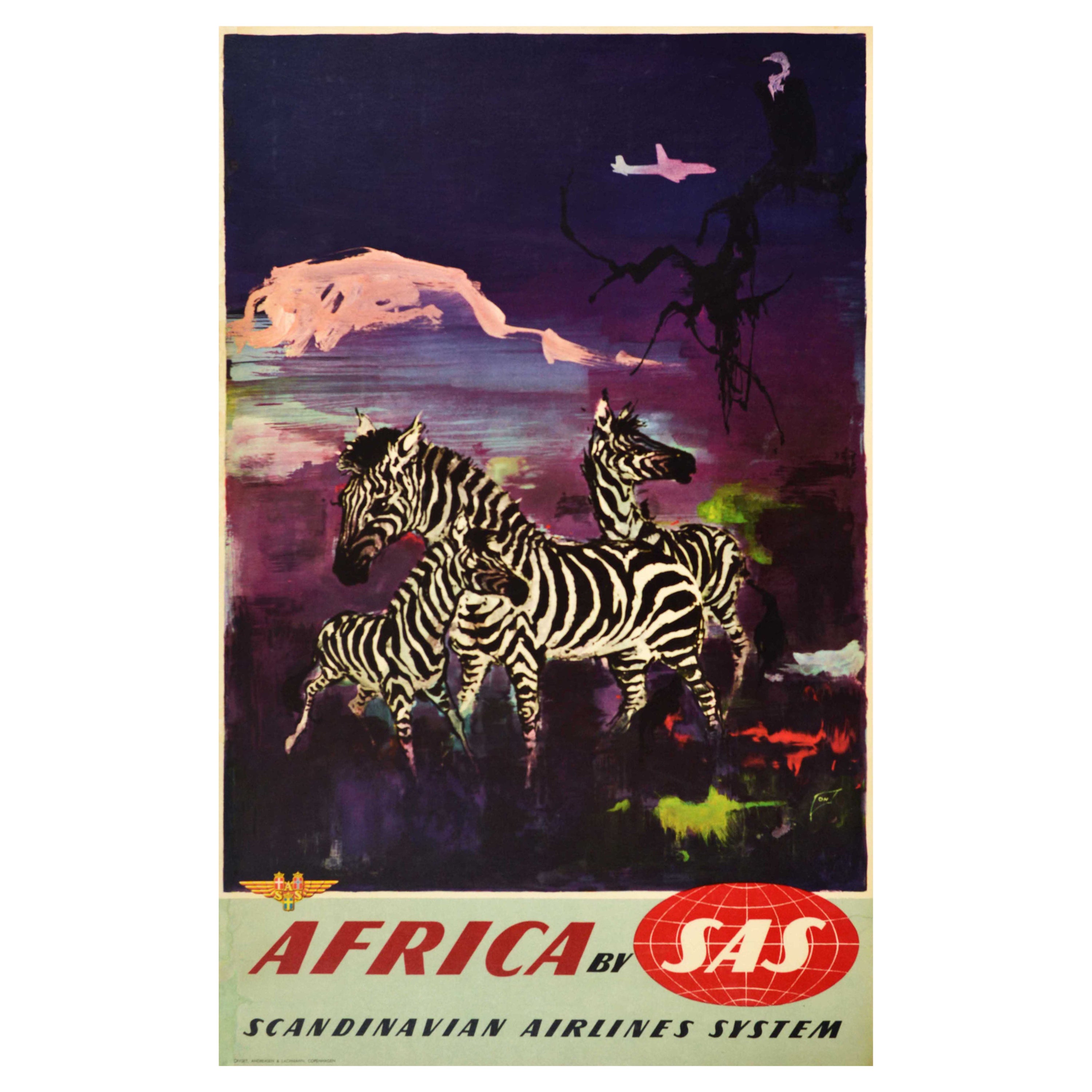 Original Vintage Travel Poster Africa SAS Scandinavian Airlines System Zebra Art For Sale