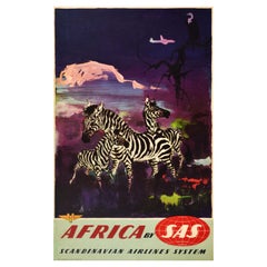 Original Vintage Travel Poster Africa SAS Scandinavian Airlines System Zebra Art
