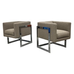 Milo Baughman for Thayer Coggin Chrome and Bouclé Cube Lounges, a Pair