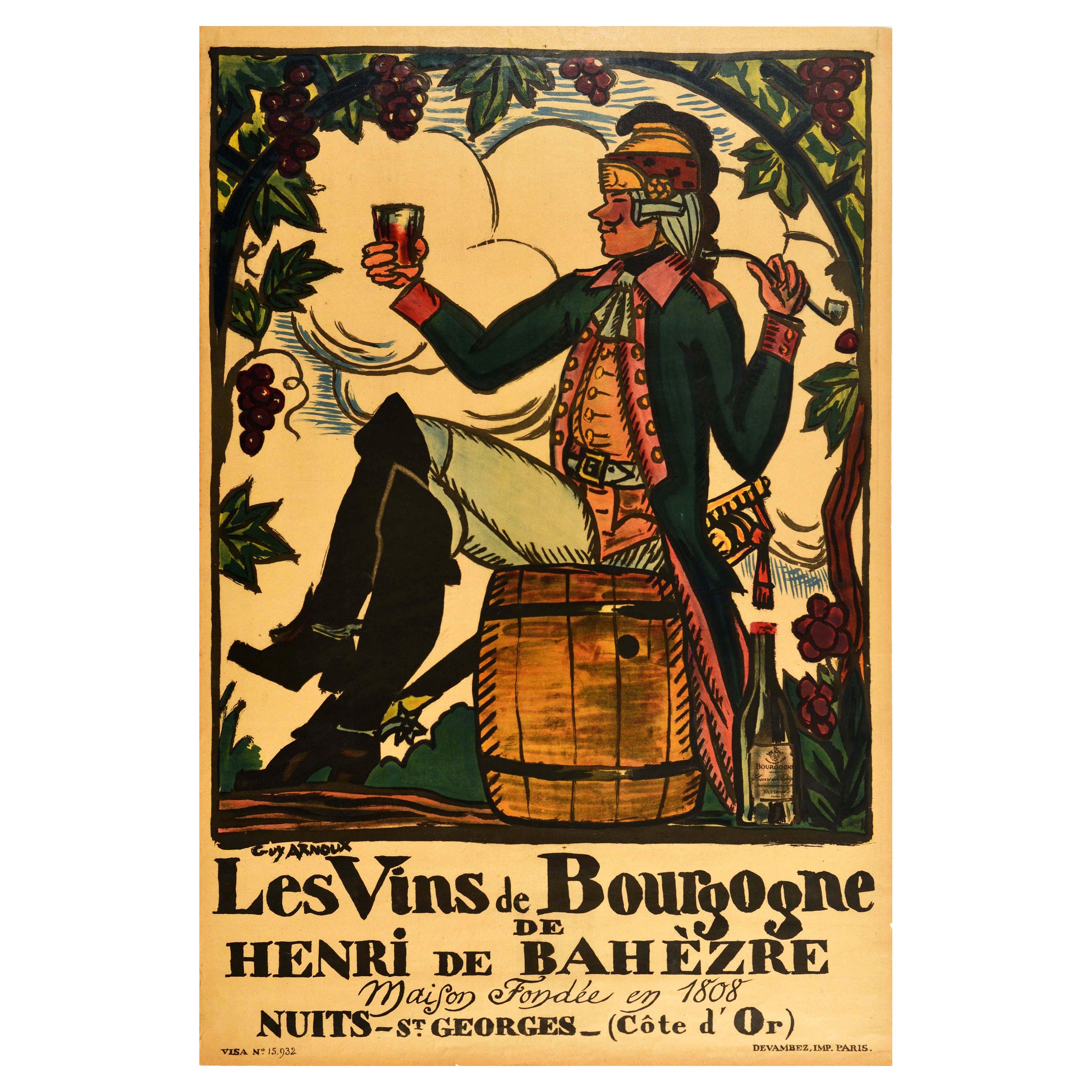 Original Antique Drink Poster Henri De Bahezre Burgundy Wines Vins De Bourgogne