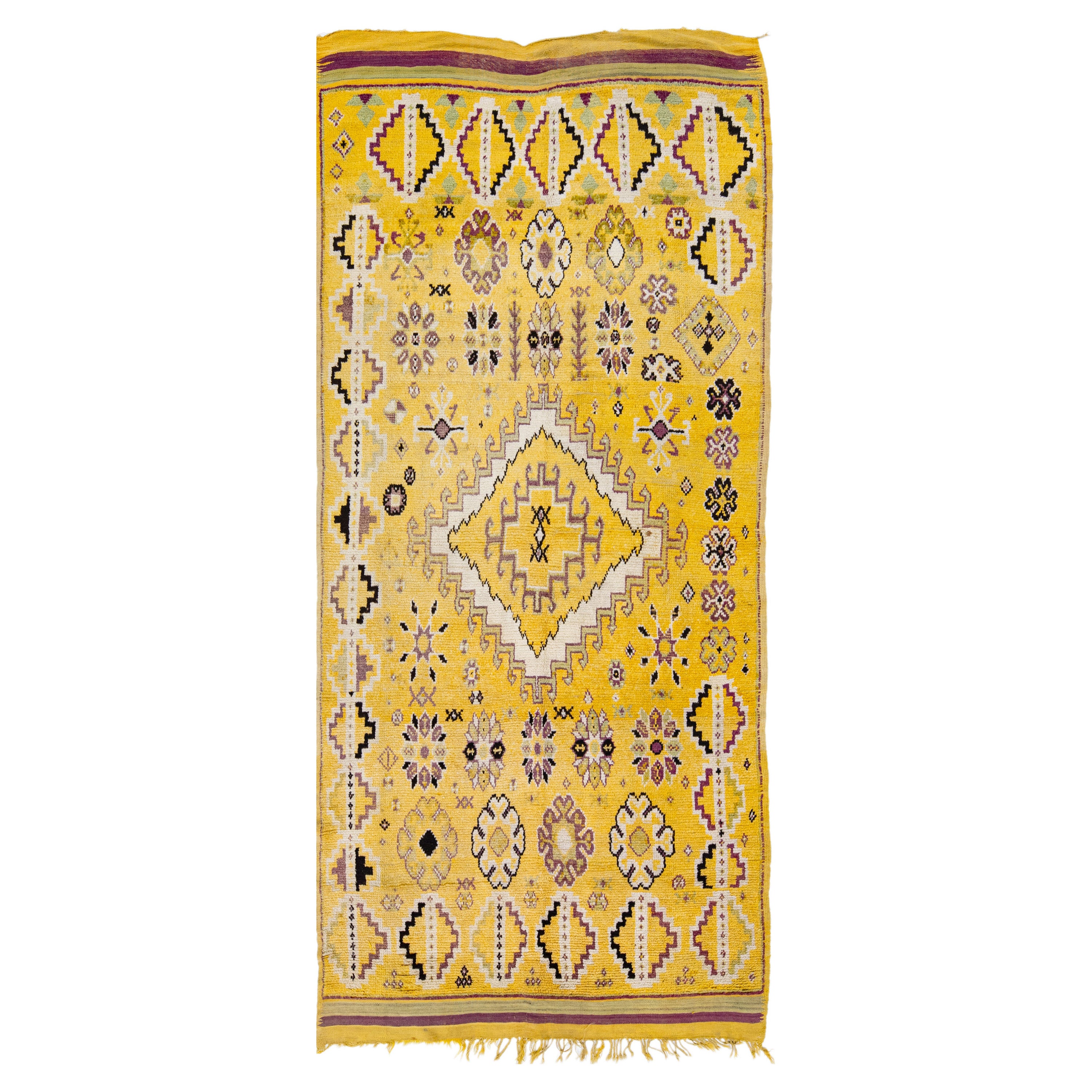 Vintage Moroccan Yellow Handmade Tribal Designed Wool Rug For Sale