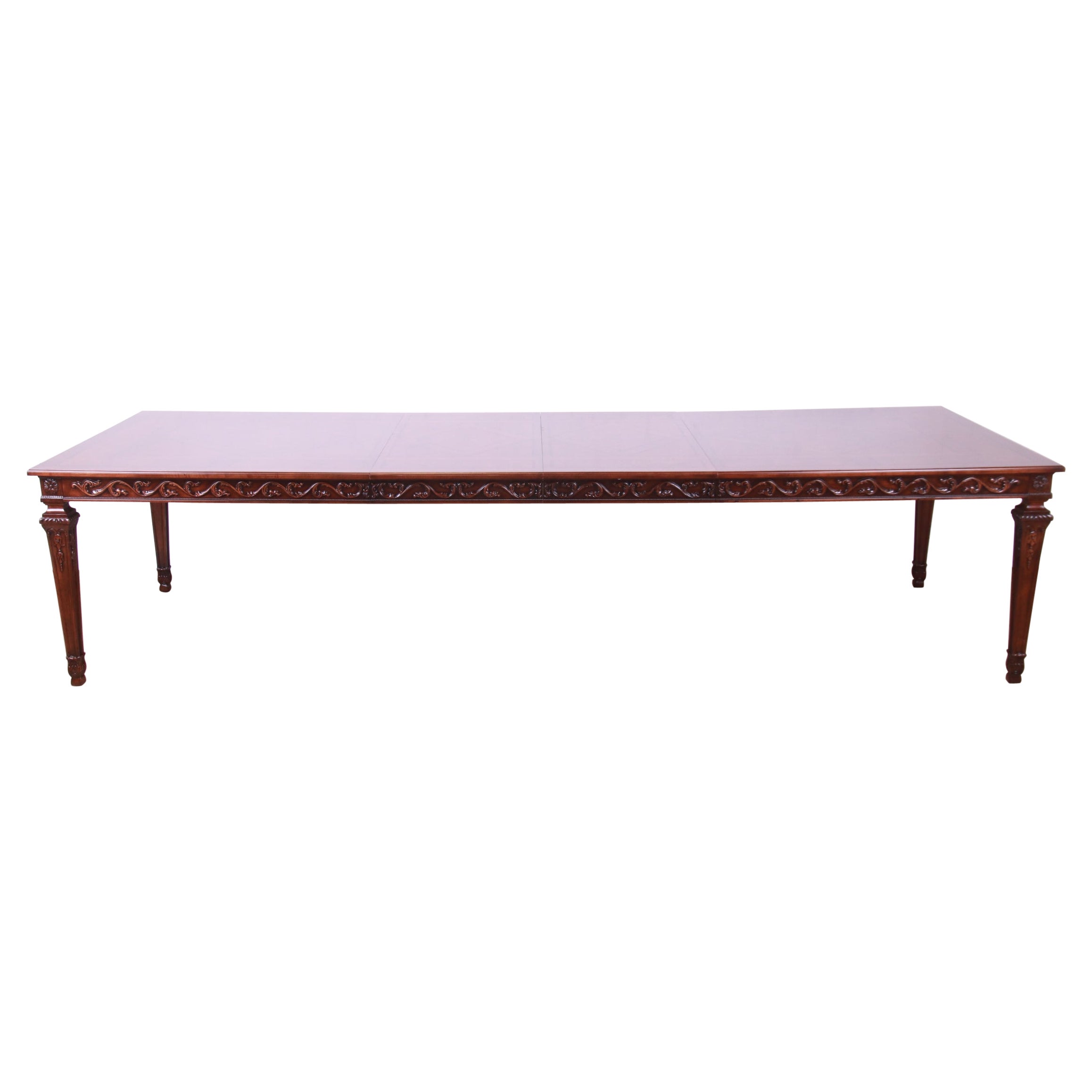 Mesa de comedor provincial italiana Henredon de caoba y tablero de parquet de madera de nudo