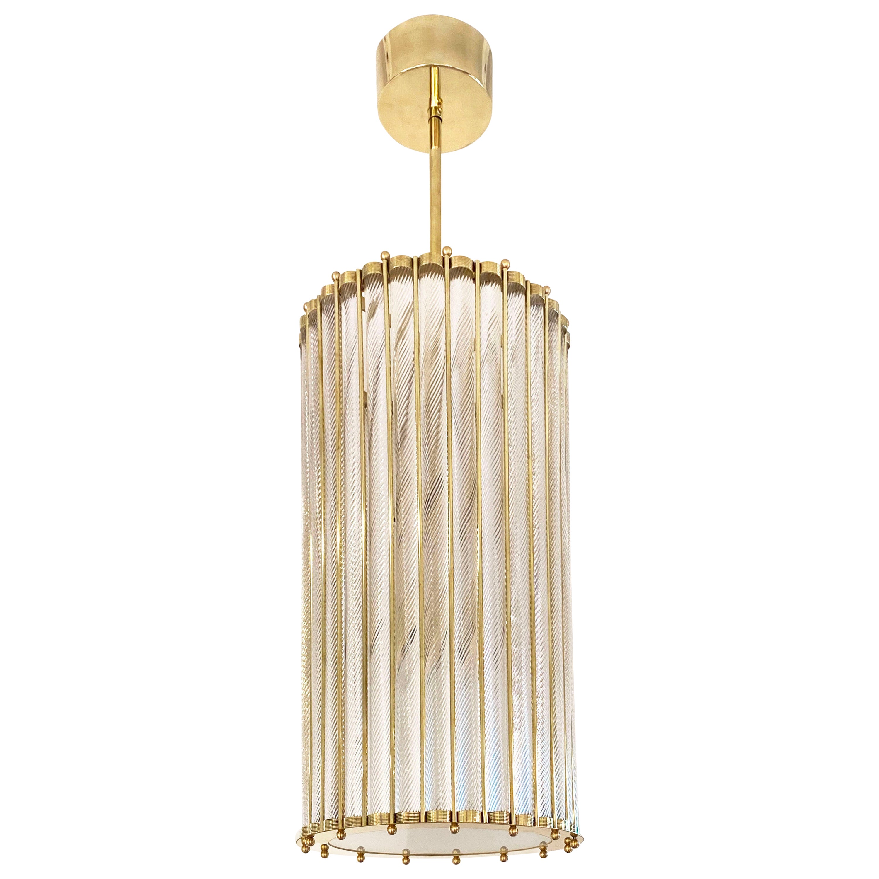 Italian Tall Crystal Twisted Murano Glass Brass Lantern Pendant/Chandelier