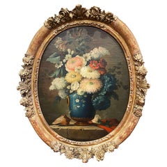 19th Century French Oval Oil on Board Floral Painting in Carved Gilt Frame