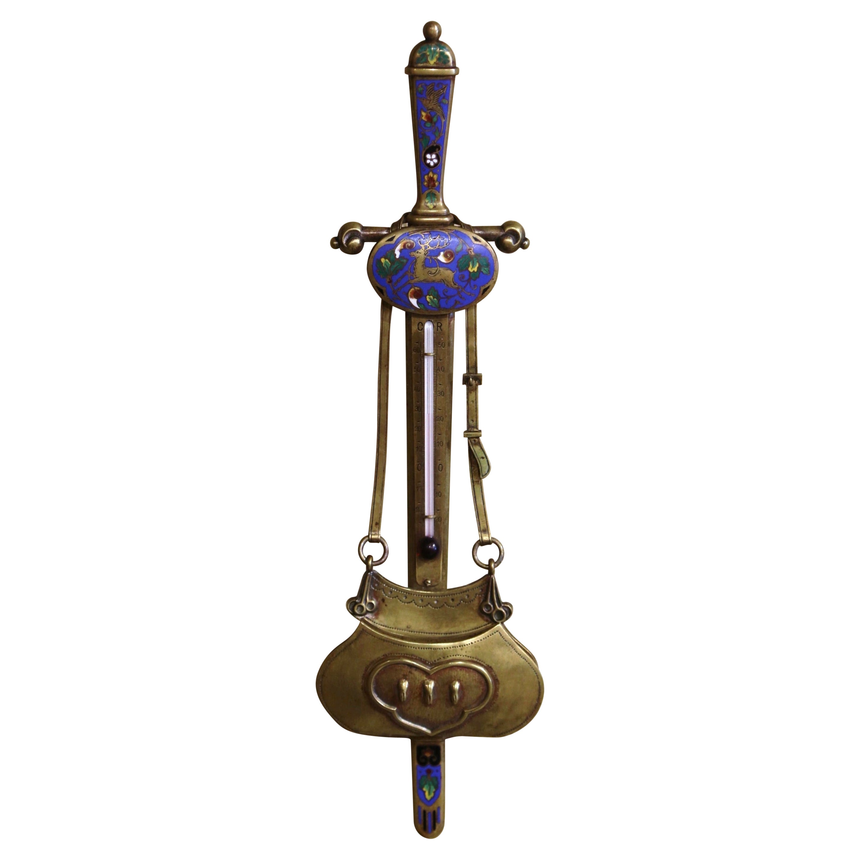 19th Century French Bronze and Cloisonne Wall Barometer and Letter Holder For Sale