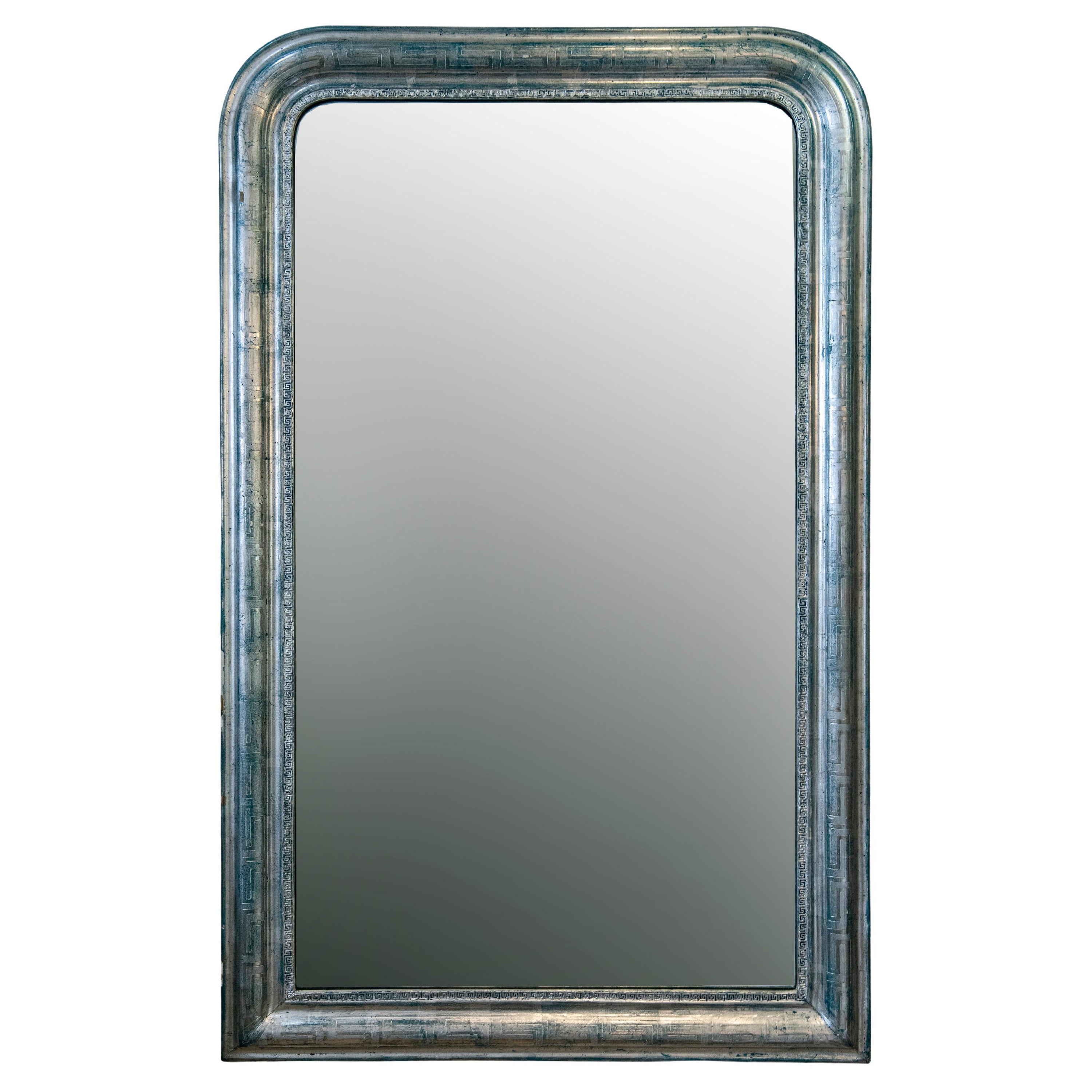 Louis Philippe Silver Leaf Mirror with Greek Key Decoration For Sale