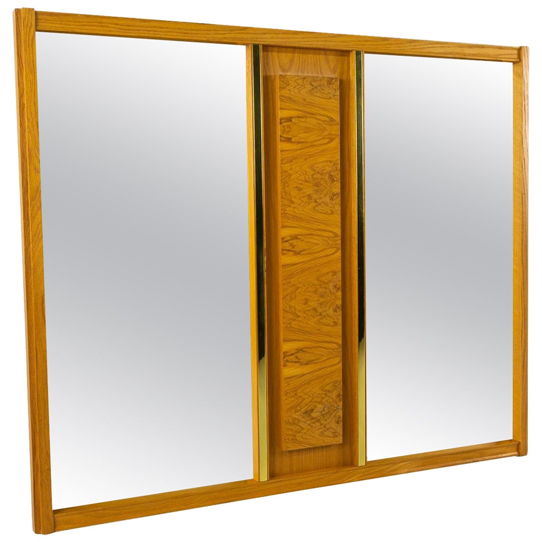 Milo Baughman Style Mid Century Burlwood and Brass Mirror