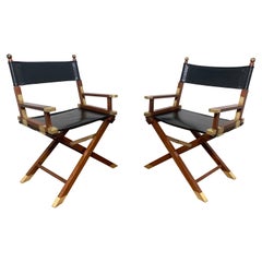 Vintage Pair of Bespoke Charlotte Horstmann Rosewood and Brass Campaign Chairs, C. 1950s