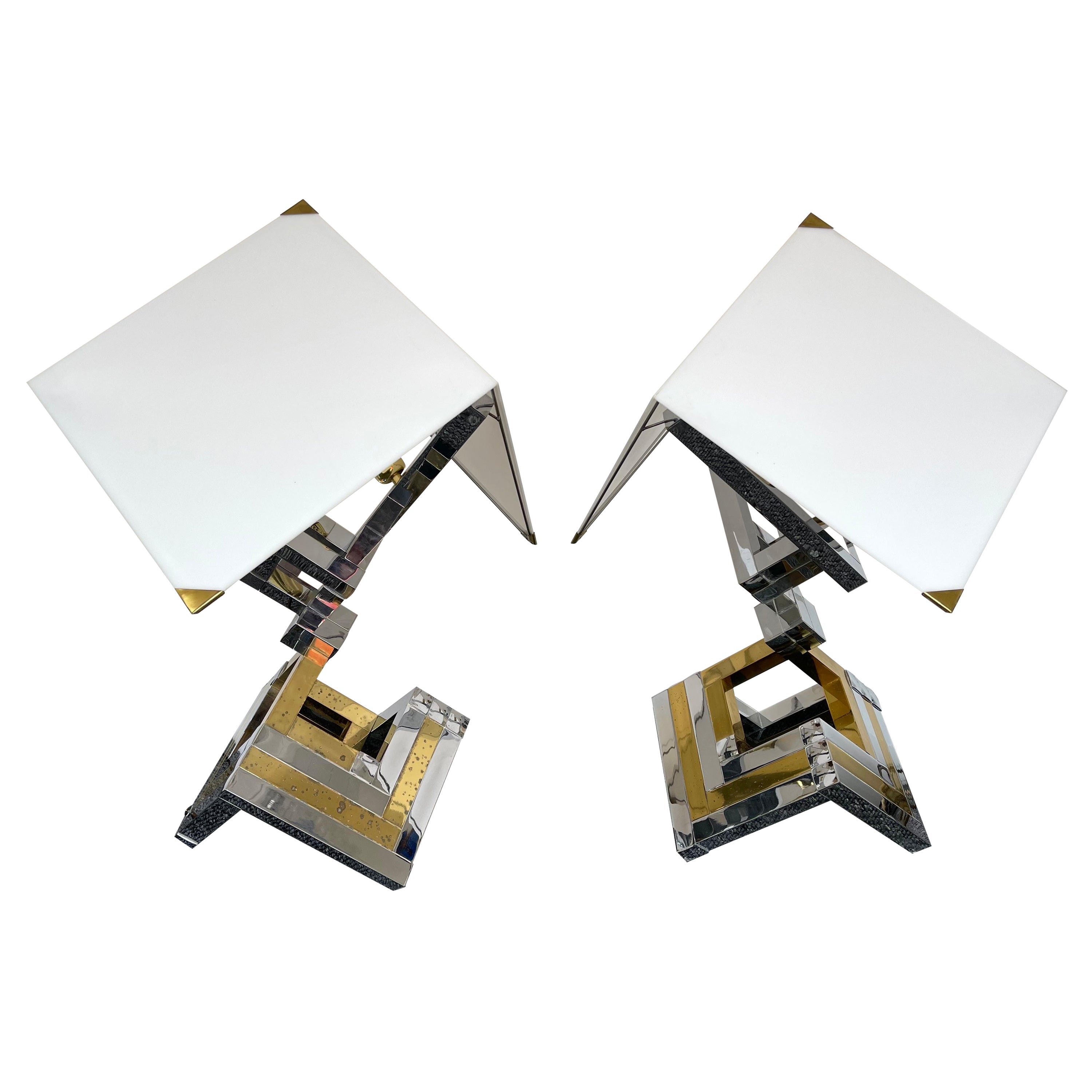 Pair of Brass and Metal Chrome Lamps by Lumica, Spain, 1970s For Sale
