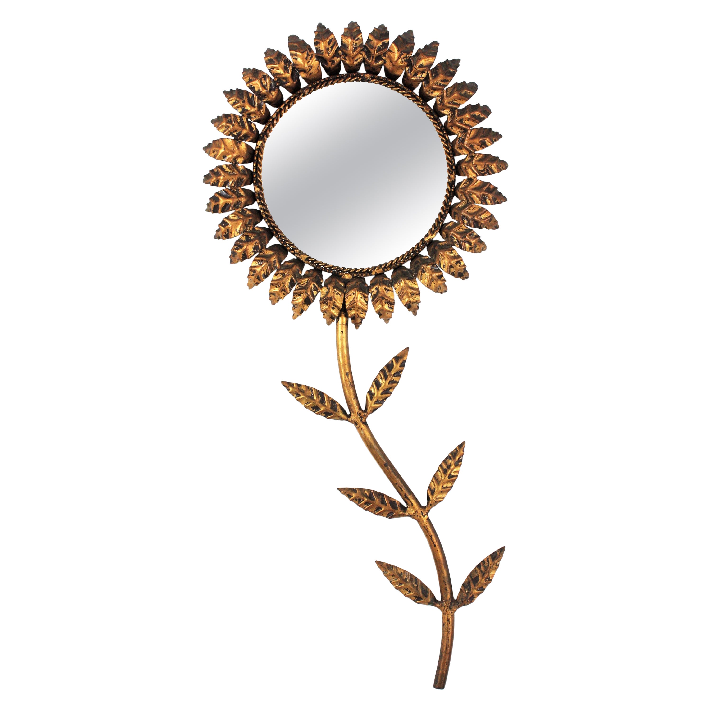 French Sunburst Flower Mirror Wall Decoration, Gilt Iron For Sale