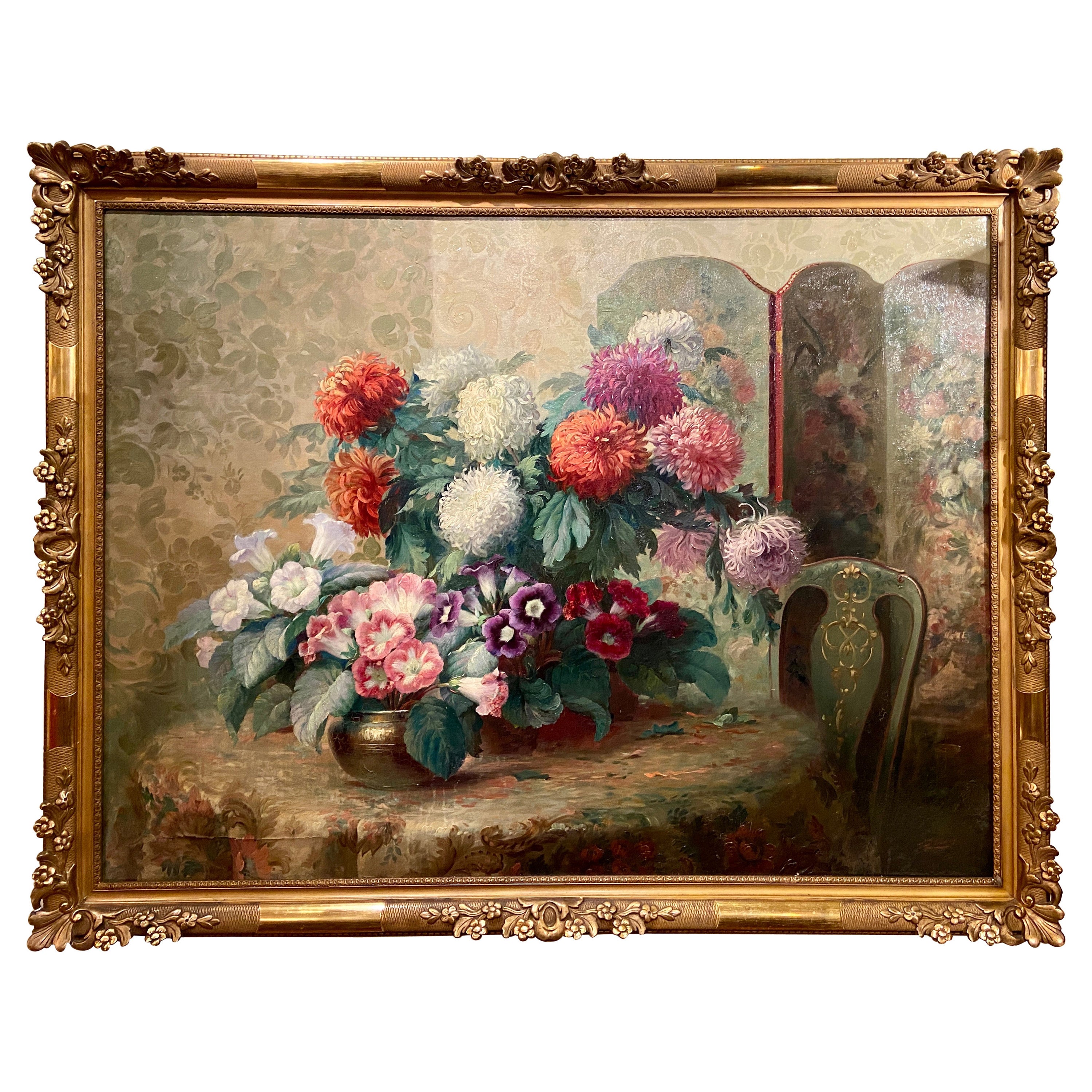 Antique French Belle Époque Olio su tela dipinto floreale con cornice dorata 1850 ca.