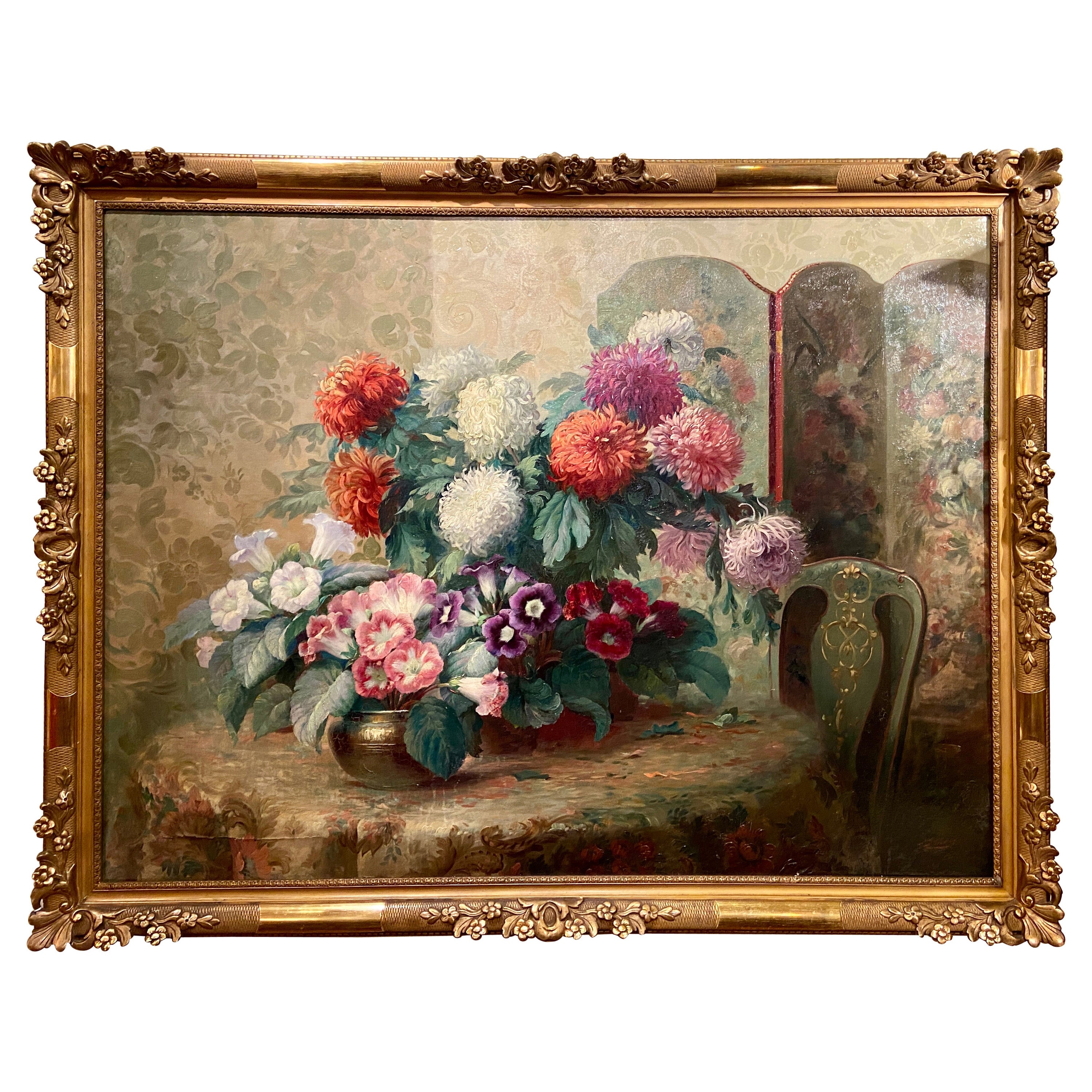 Ancienne peinture florale française Belle poque à l'huile sur toile dans un cadre doré, vers 1850 en vente