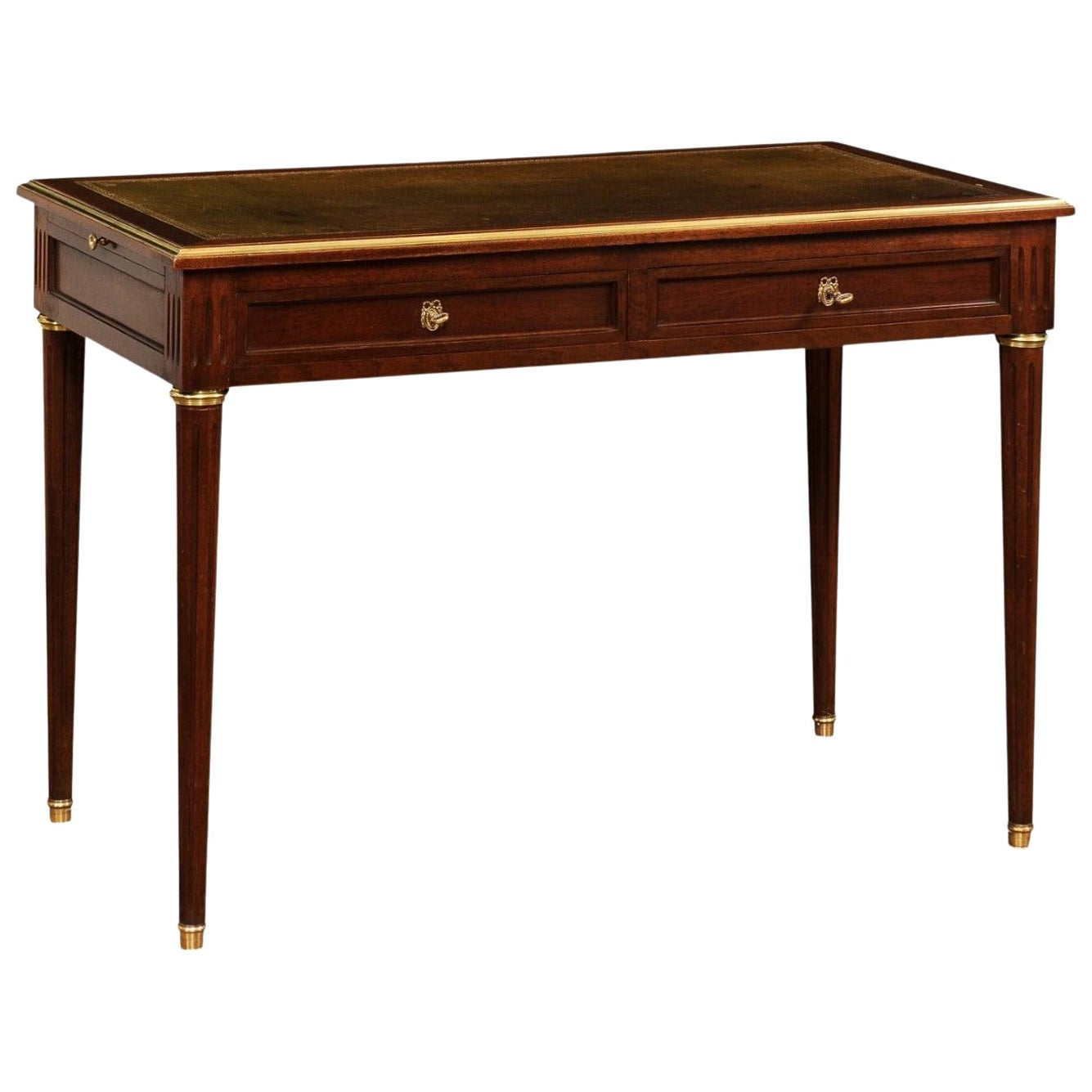 French Louis XVI Style 1900s Mahogany and Bronze Desk with Olive Leather Top