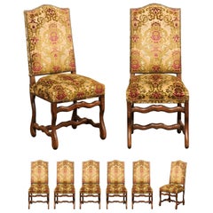 Huit chaises de salle à manger françaises du 19ème siècle de style Louis XIII avec tissu d'ameublement