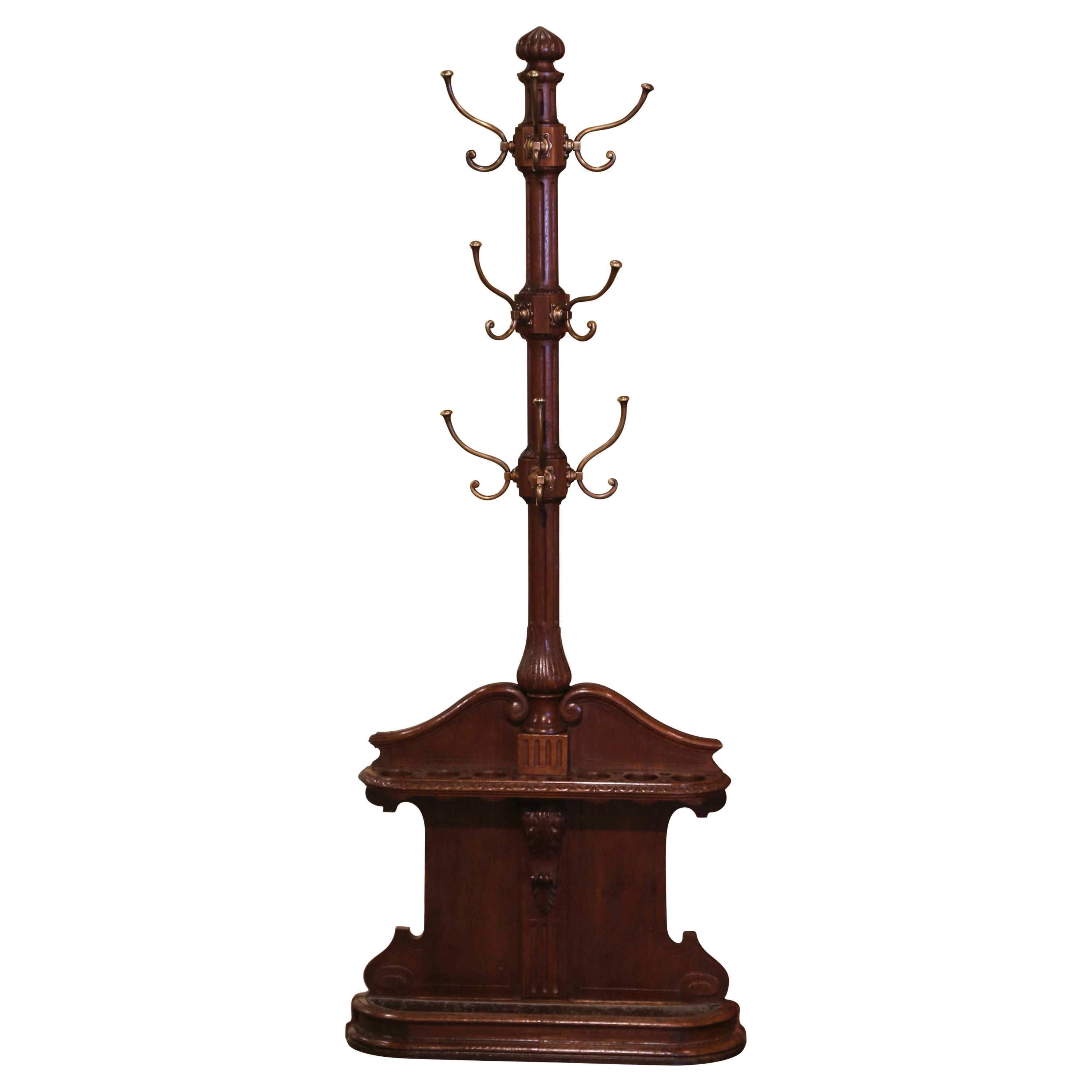 19th Century French Napoleon III Carved Oak Hall Tree with Cane & Umbrella Slots For Sale