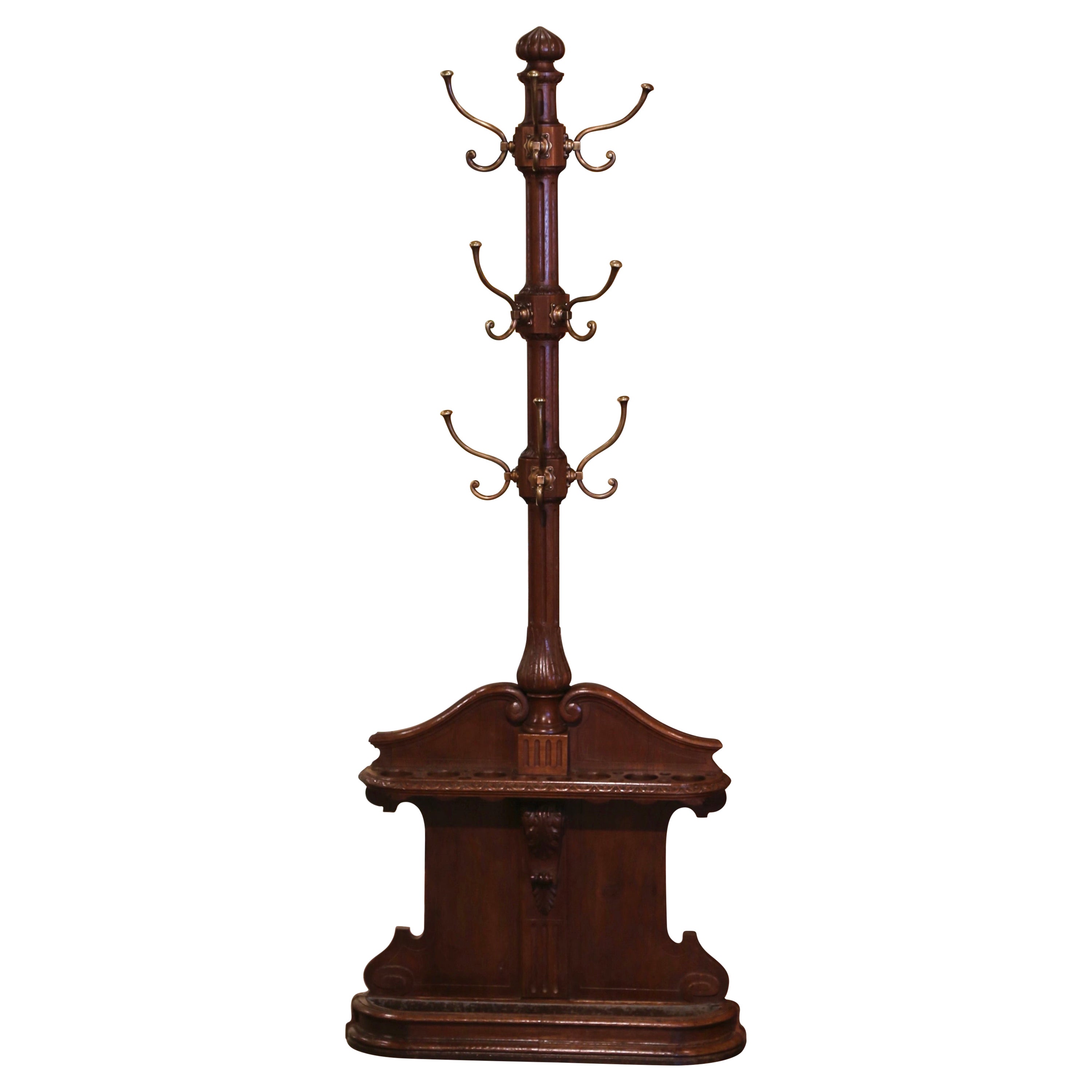 19th Century French Napoleon III Carved Oak Hall Tree with Cane & Umbrella Slots