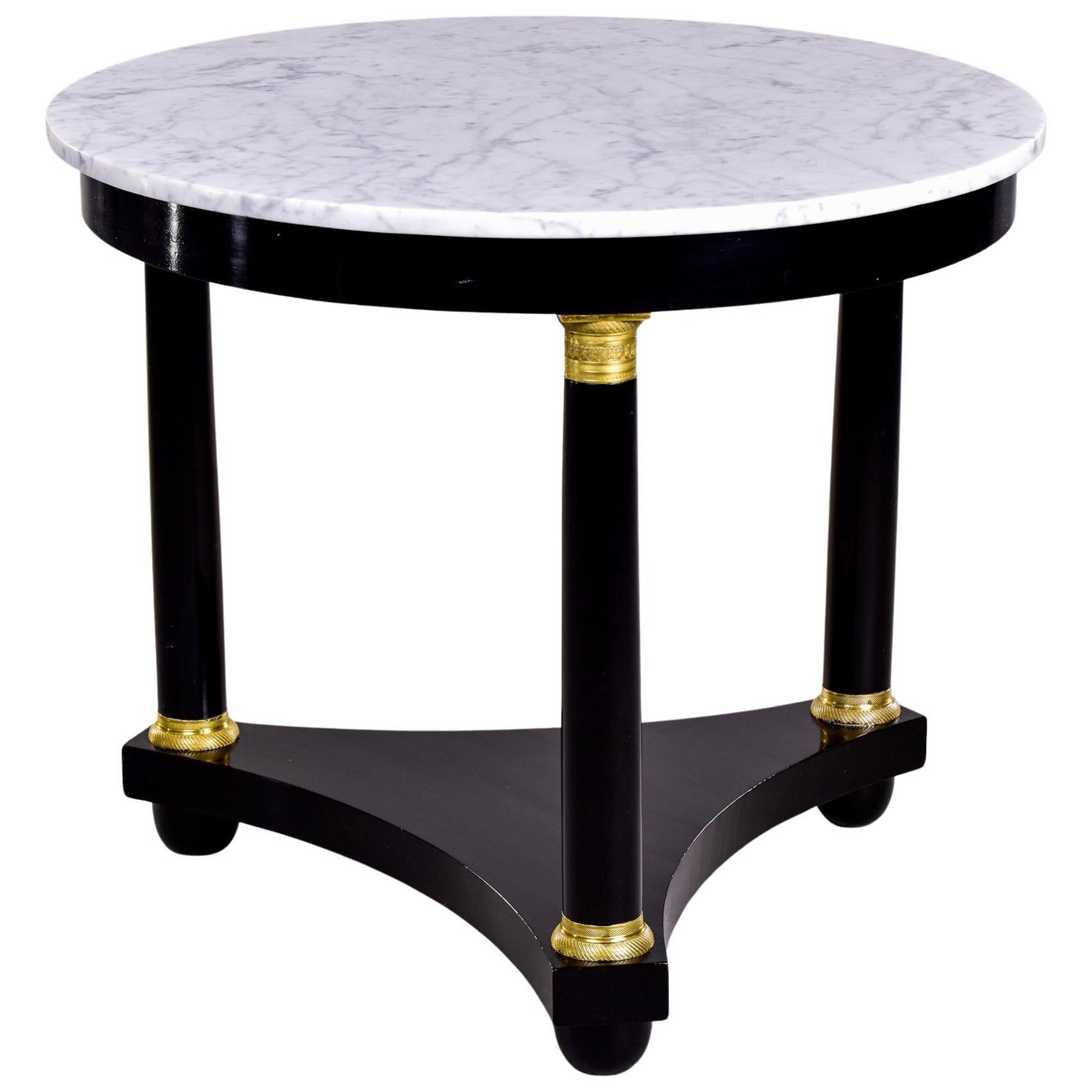 Ebonised Louis XVI Style Round Side Table with White and Gray Marble Top