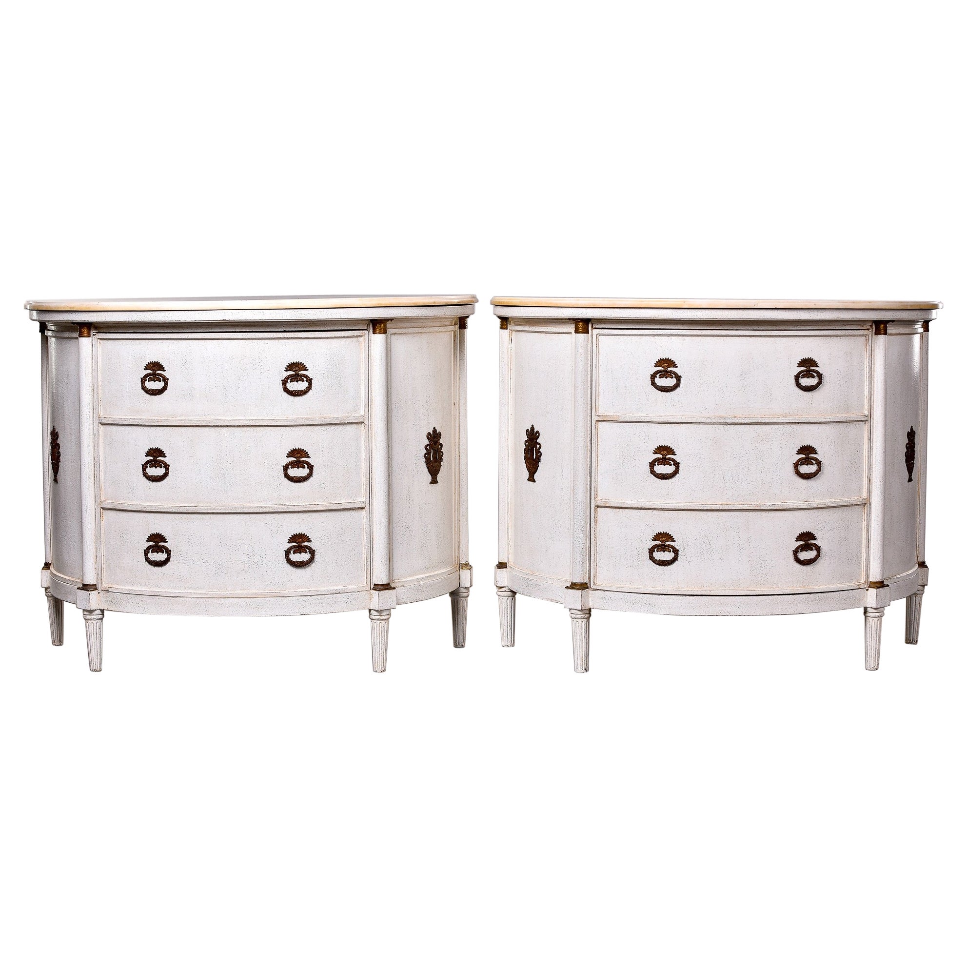 Pair of Pine Regency Style Demilune Cabinets with White Marble Tops