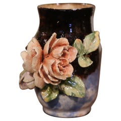 Vase à fleurs en faïence peinte du 19ème siècle de Montigny Sur Loing, France