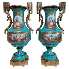 Pair Antique French Gold Bronze Mounted Sèvres Blue Porcelain Urns, Circa 1860