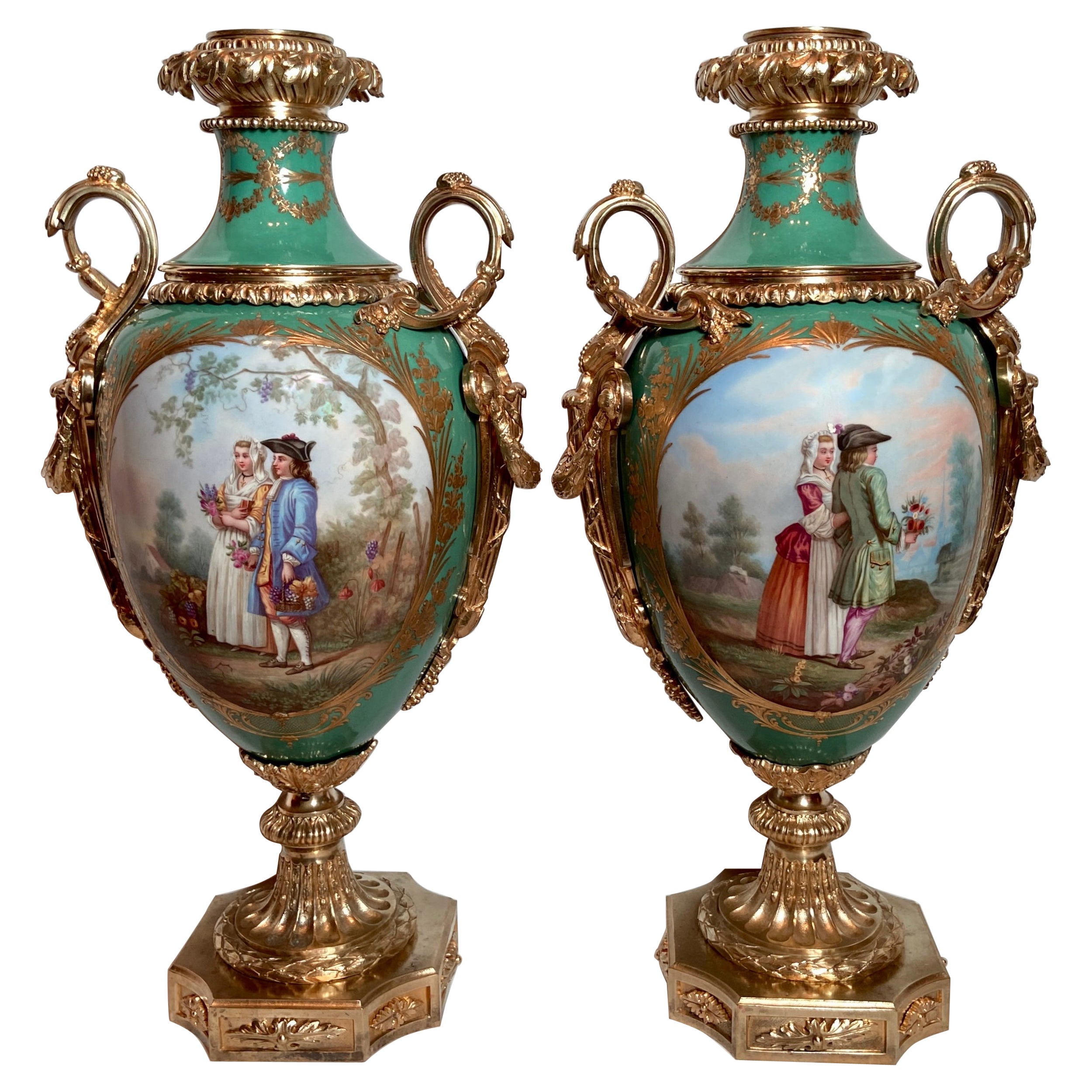 Pair Antique French Sèvres Green Porcelain & Bronze D' Ore Urns, circa 1880