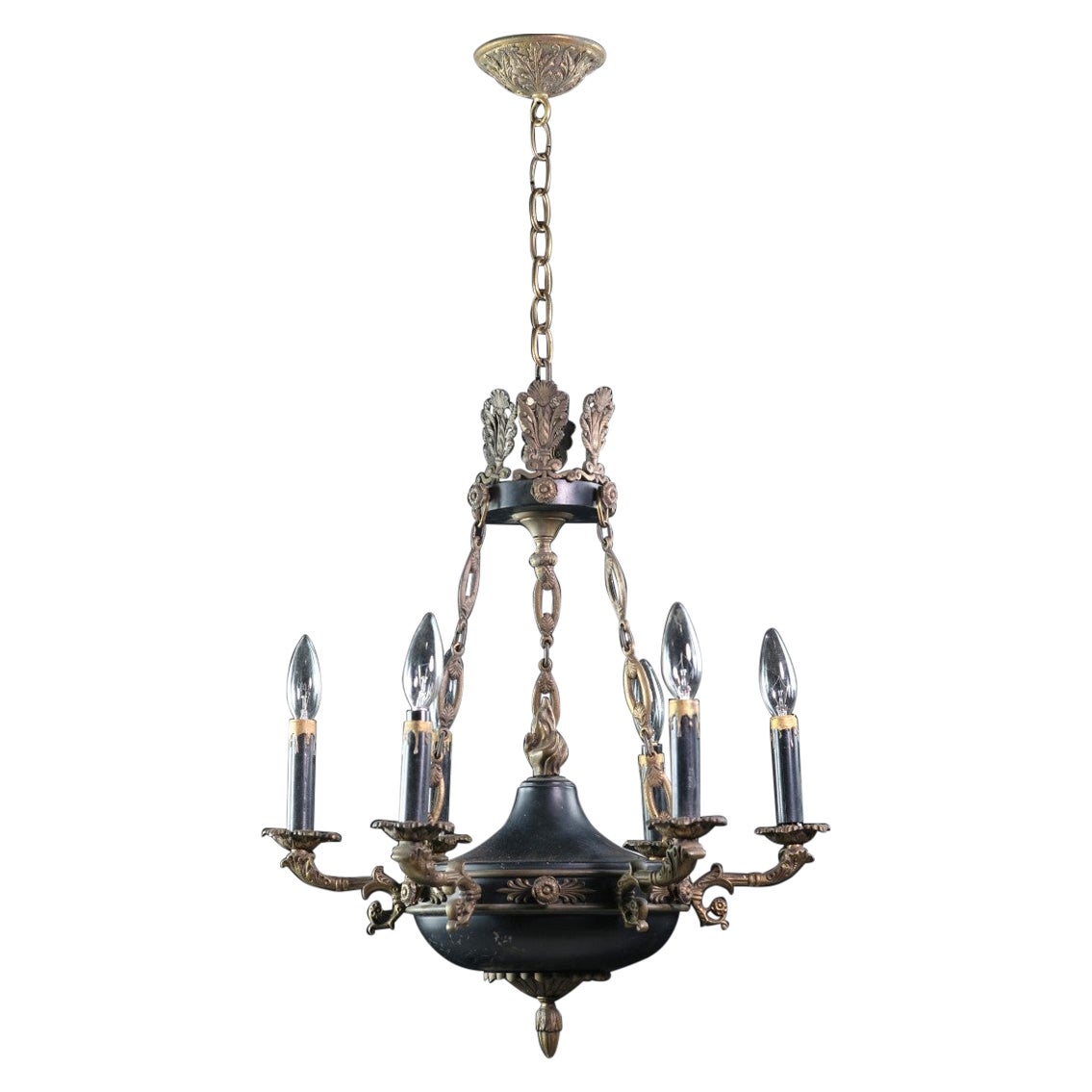 1940s Empire Brass Chandelier Gold & Black Details w/ Torch and Acanthus Leaves