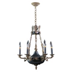 1940s Empire Brass Chandelier Gold & Black Details w/ Torch and Acanthus Leaves