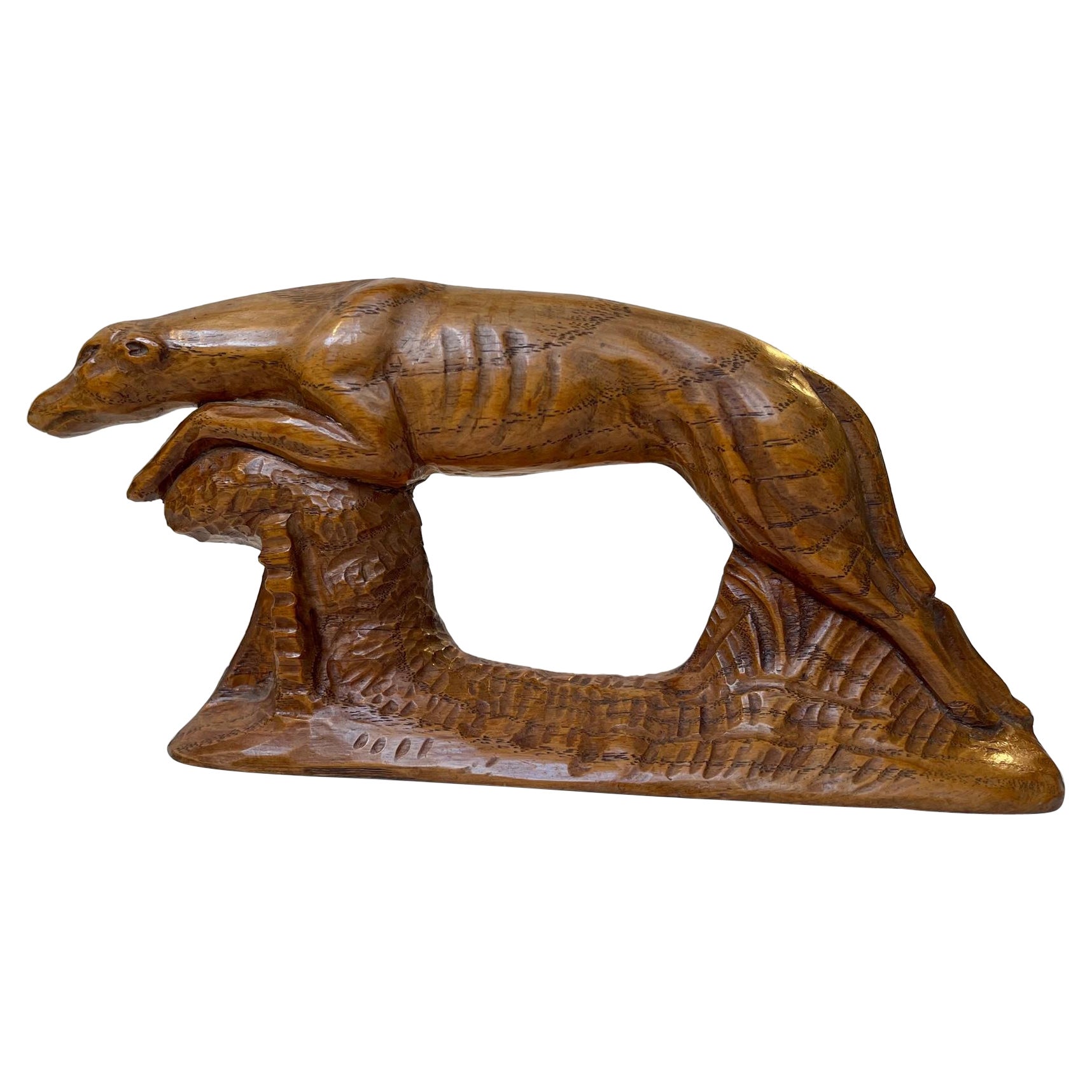 Antique Scandinavian Running Greyhound Hand-Carved in Oak For Sale