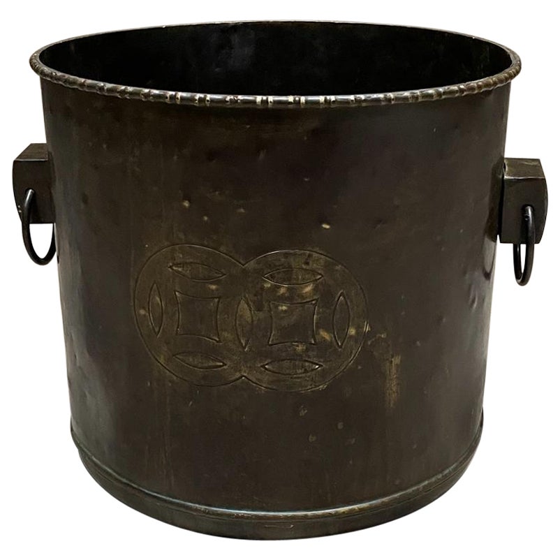 Antique Modern Chinese Decorative Bucket in Bronze with Side Ring Handles  For Sale