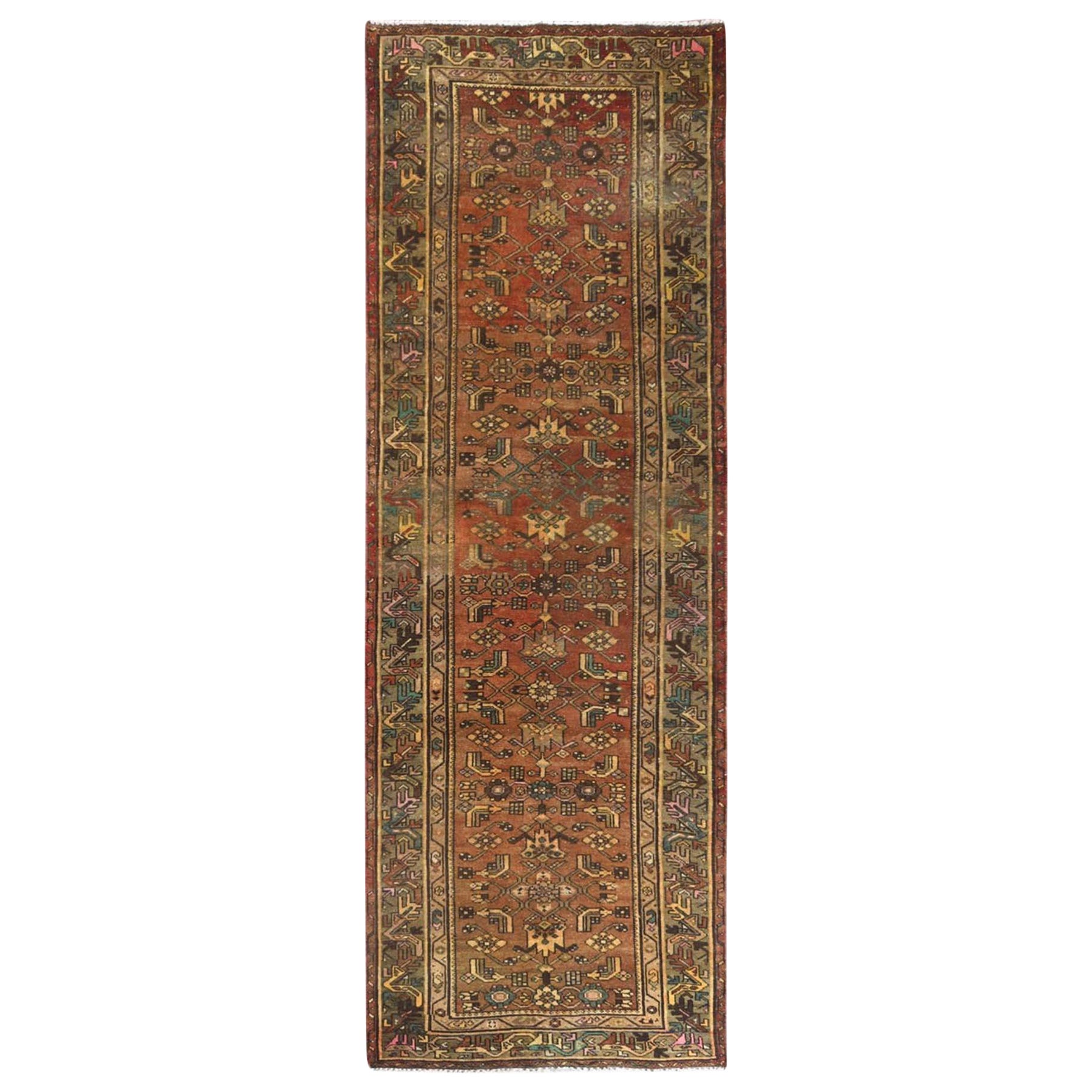 Earth Tone Colors, Vintage Persian Hamadan, Hand Knotted Worn Wool Runner Rug For Sale