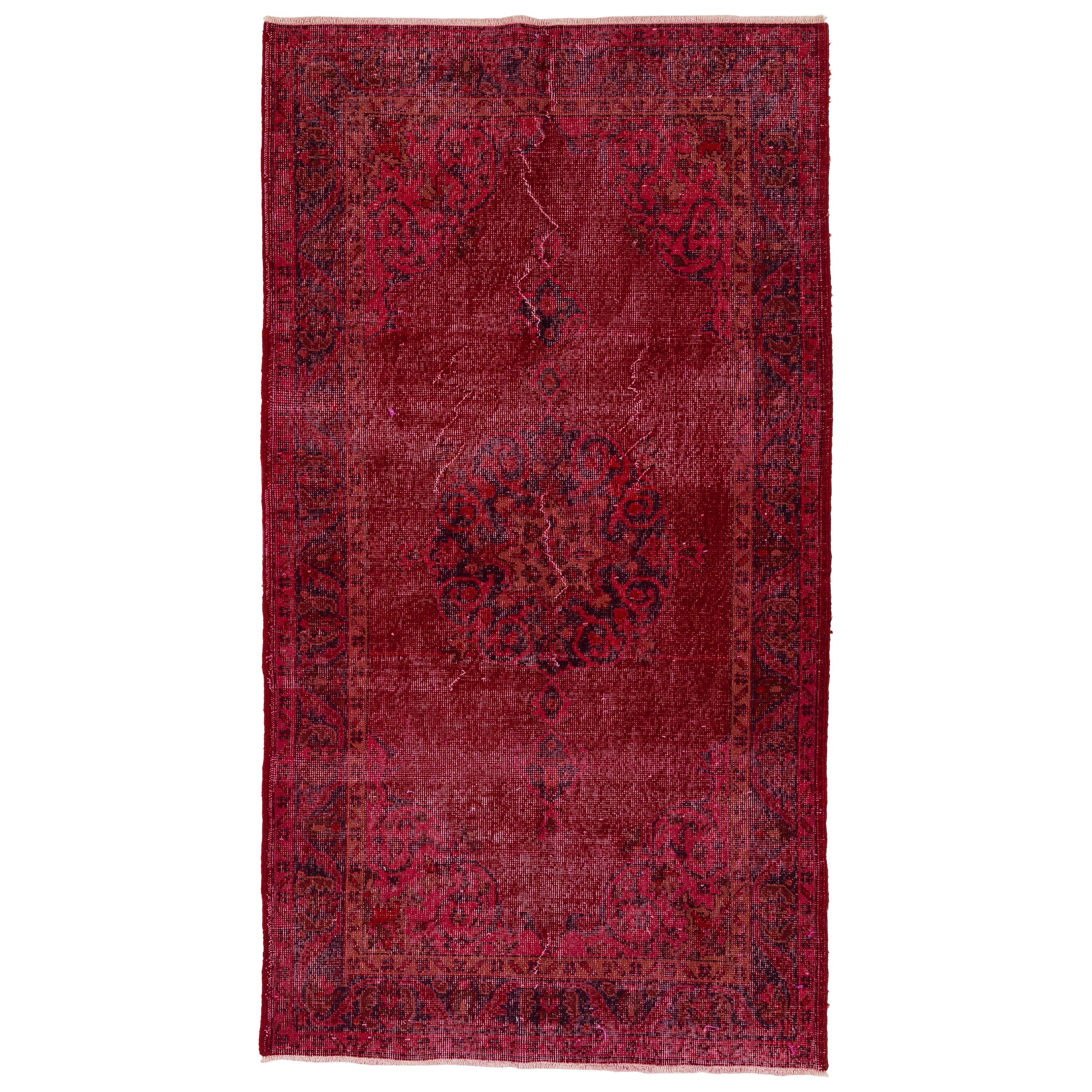 4x7.3 Fuß Vintage Handgefertigter türkischer Medaillon-Teppich aus Wolle mit Akzent in Rot