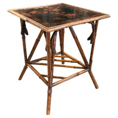 Vintage 1950s Bamboo Sidetable with Lacquered Top Surface Decorated with Flowers