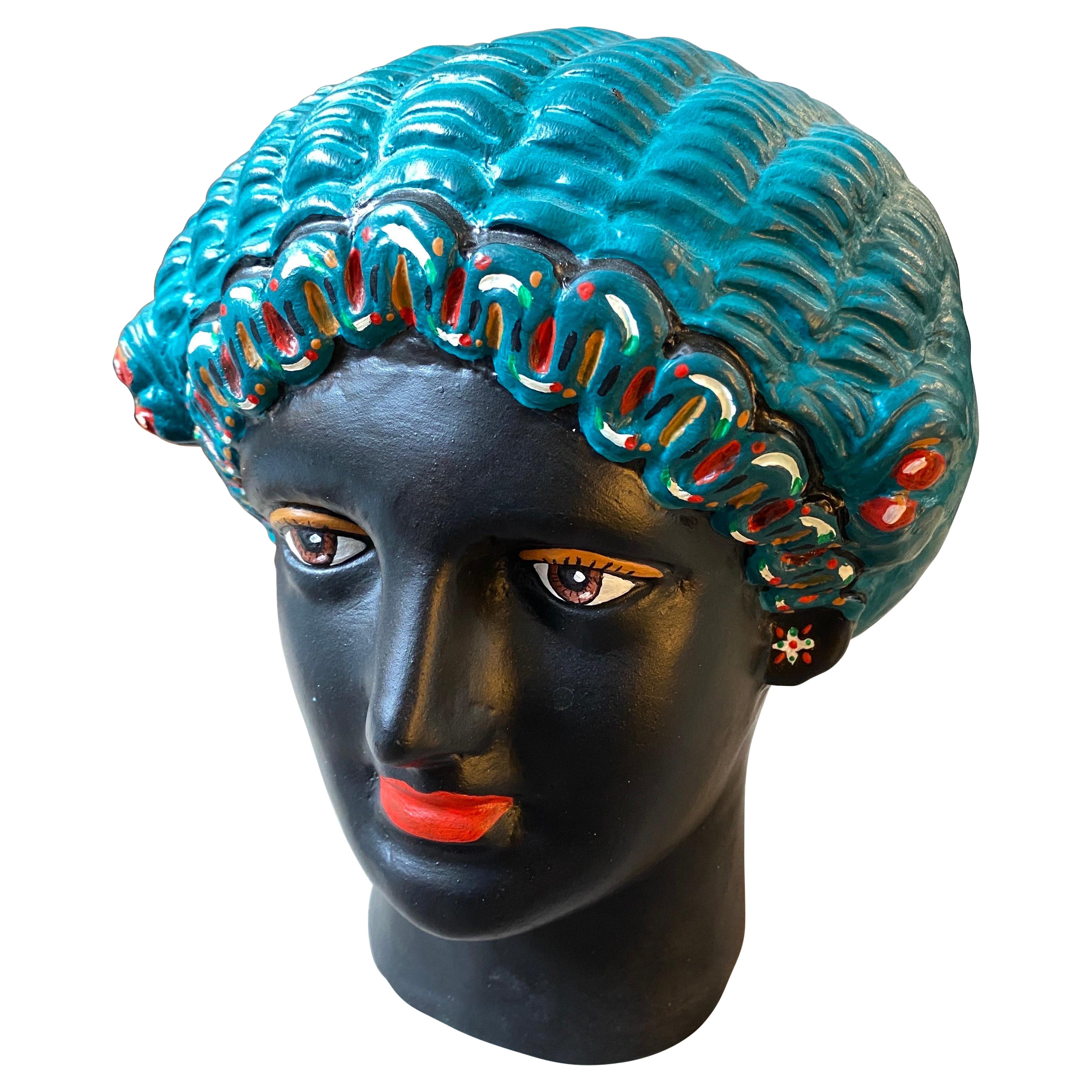 1960s Mid-Century Modern Hand-Painted Terracotta Woman's Head