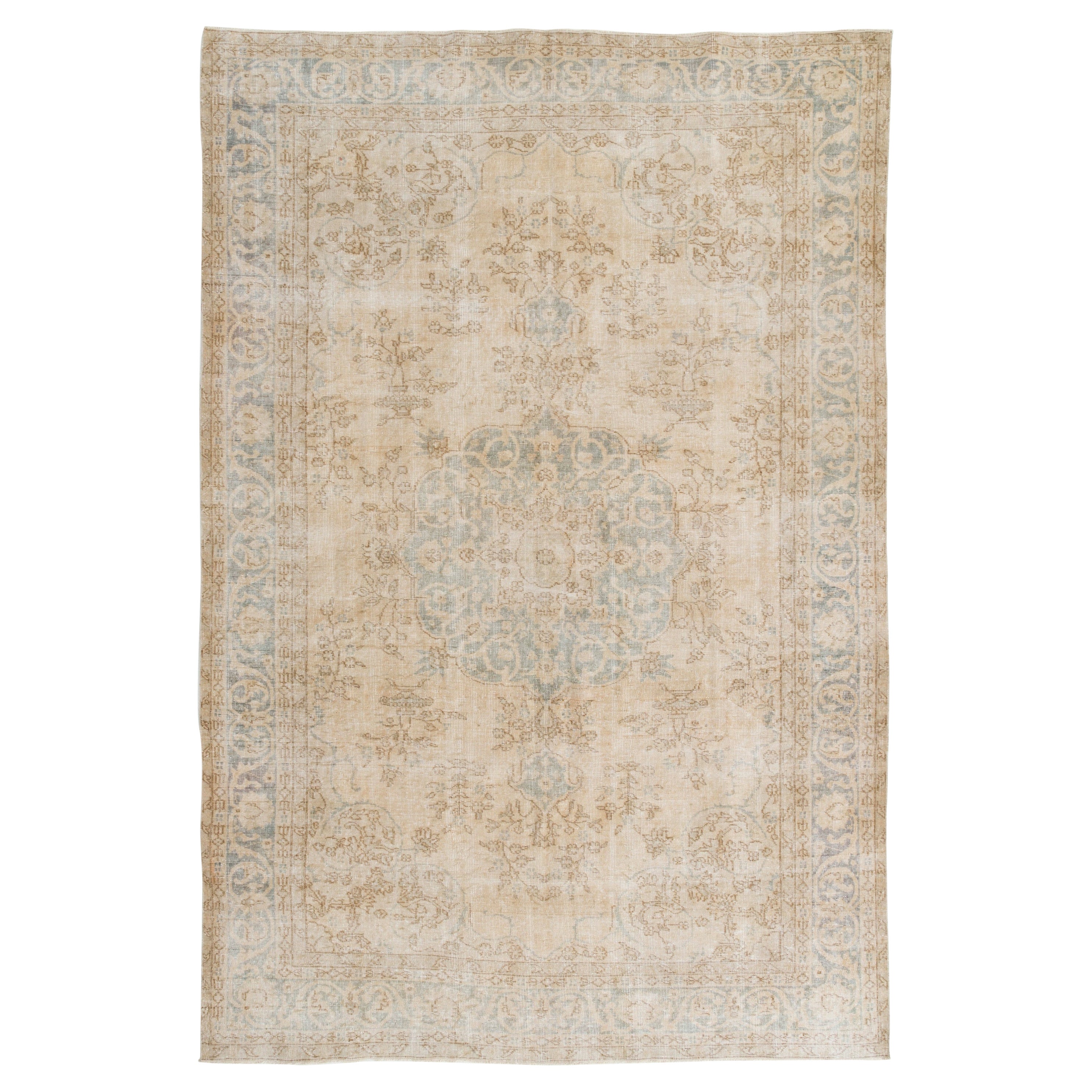 7.2x10.8 ft Vintage Medallion Design Rug. Neutral Colors, Handmade Large Carpet For Sale