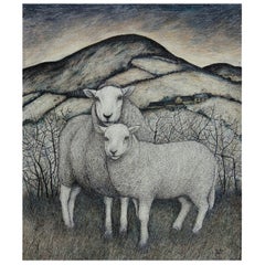 Seren Bell, Welsh Artist, Mixed Media on Paper, Ewe and Lamb, Radnor Hills