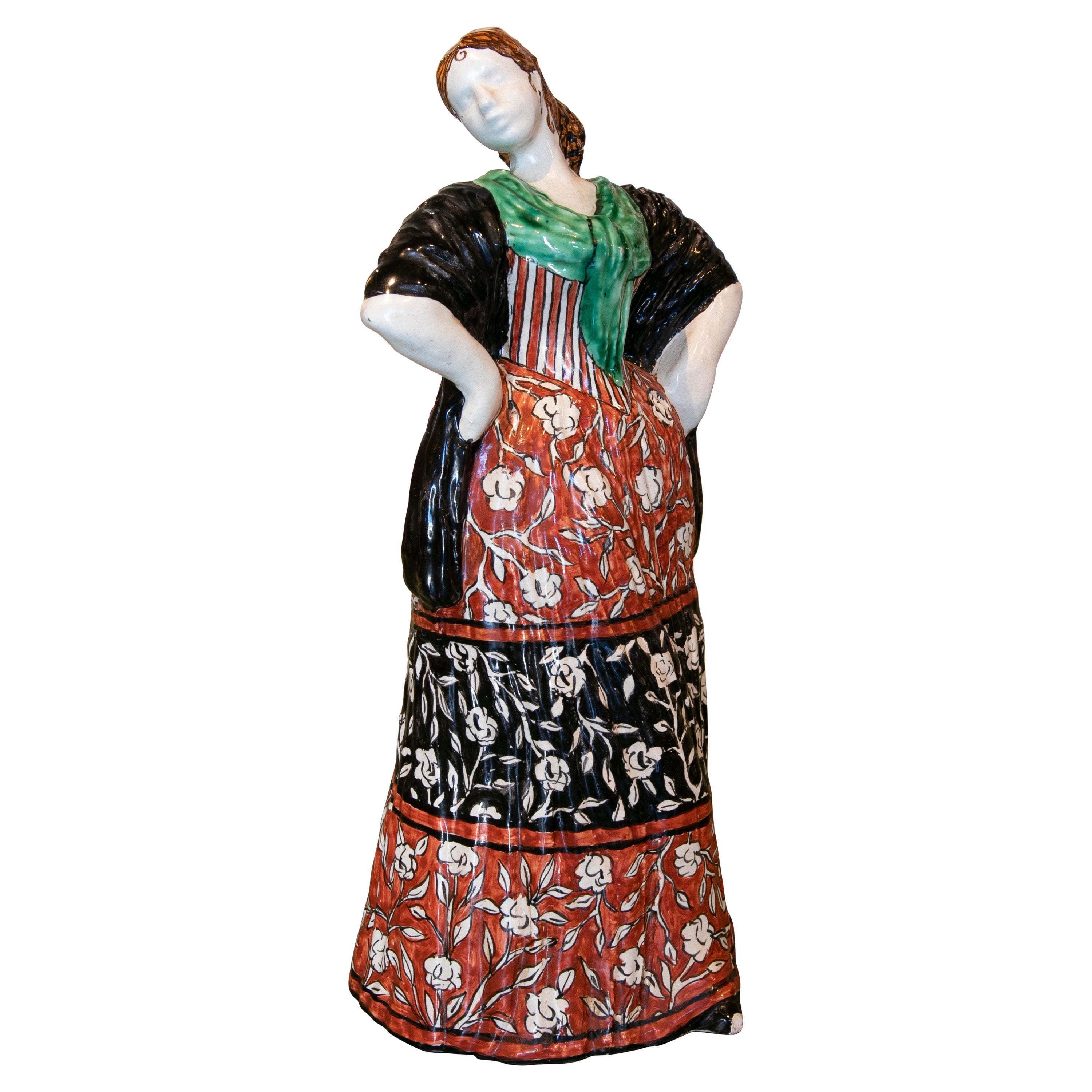 1970s Handpainted Glazed Ceramic Sculpture of a Woman in Typical Clothing For Sale