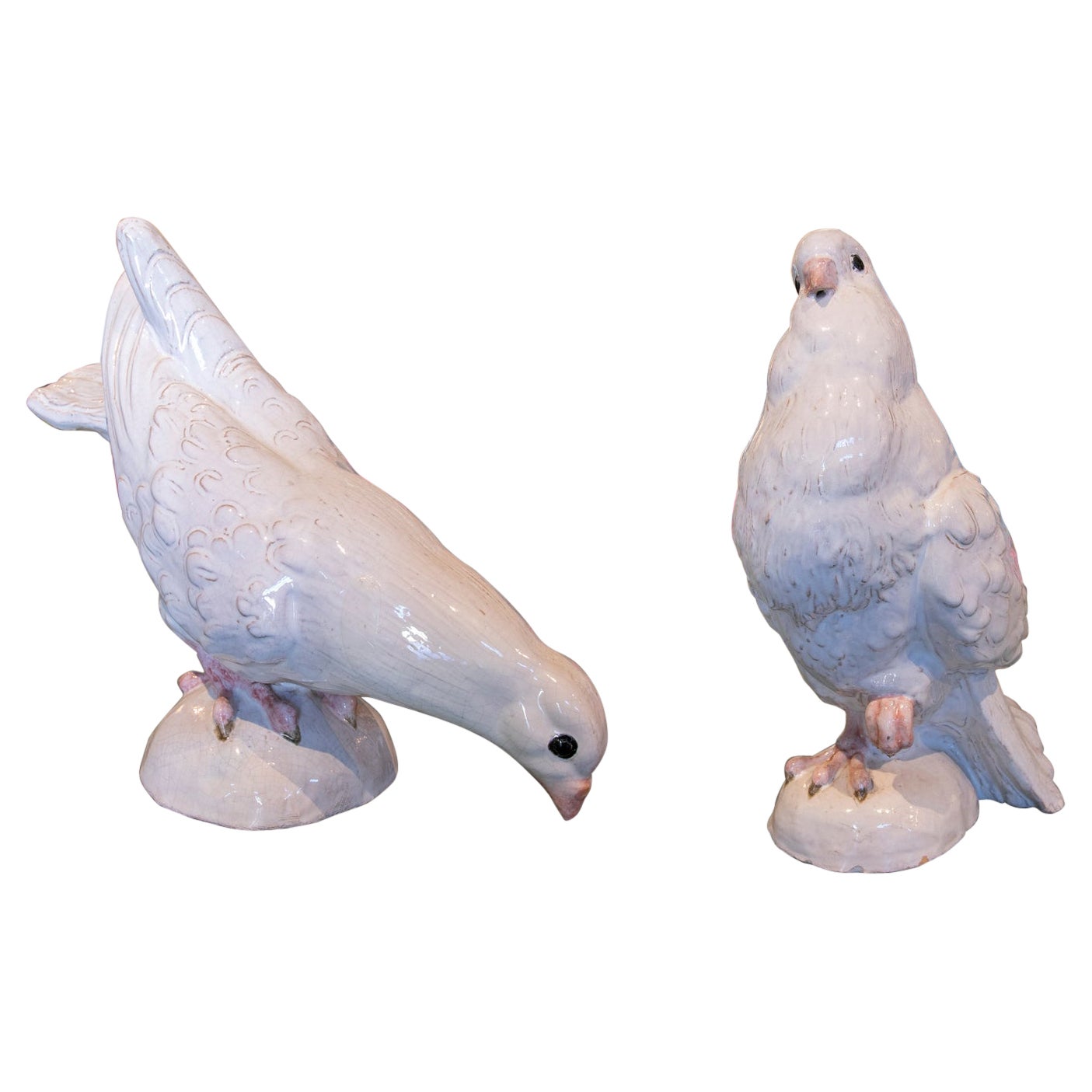 1970s Pair of White Glazed Ceramic Sculptures of Pigeons 
