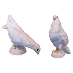1970s Pair of White Glazed Ceramic Sculptures of Pigeons