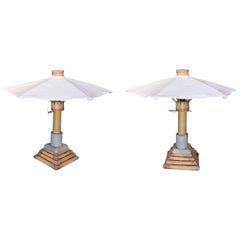 Vintage Pair of Bamboo Table Lamps with Garden Parasols Shape from the 1970ies