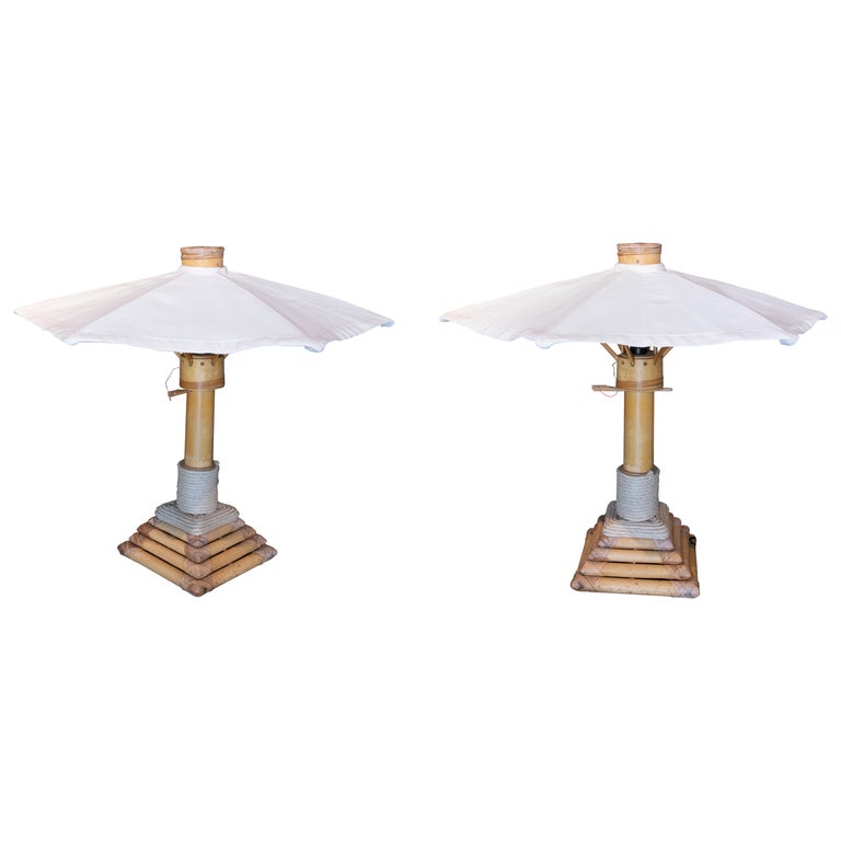 Pair of Bamboo Table Lamps with Garden Parasols Shape from the 1970ies For  Sale at 1stDibs