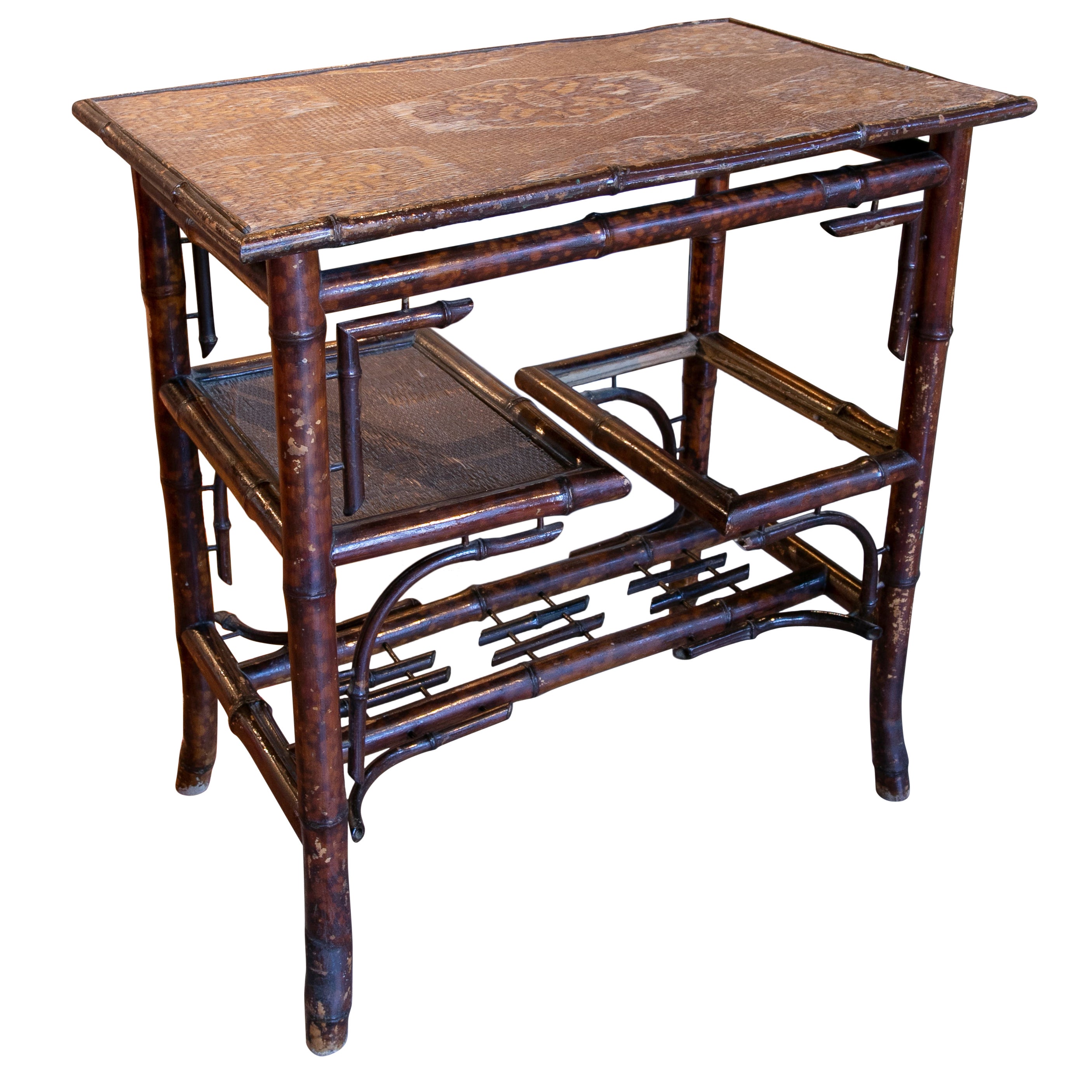 Chinese Bamboo Sidetable with Wicker Shelves and Top from the 1950ies For Sale