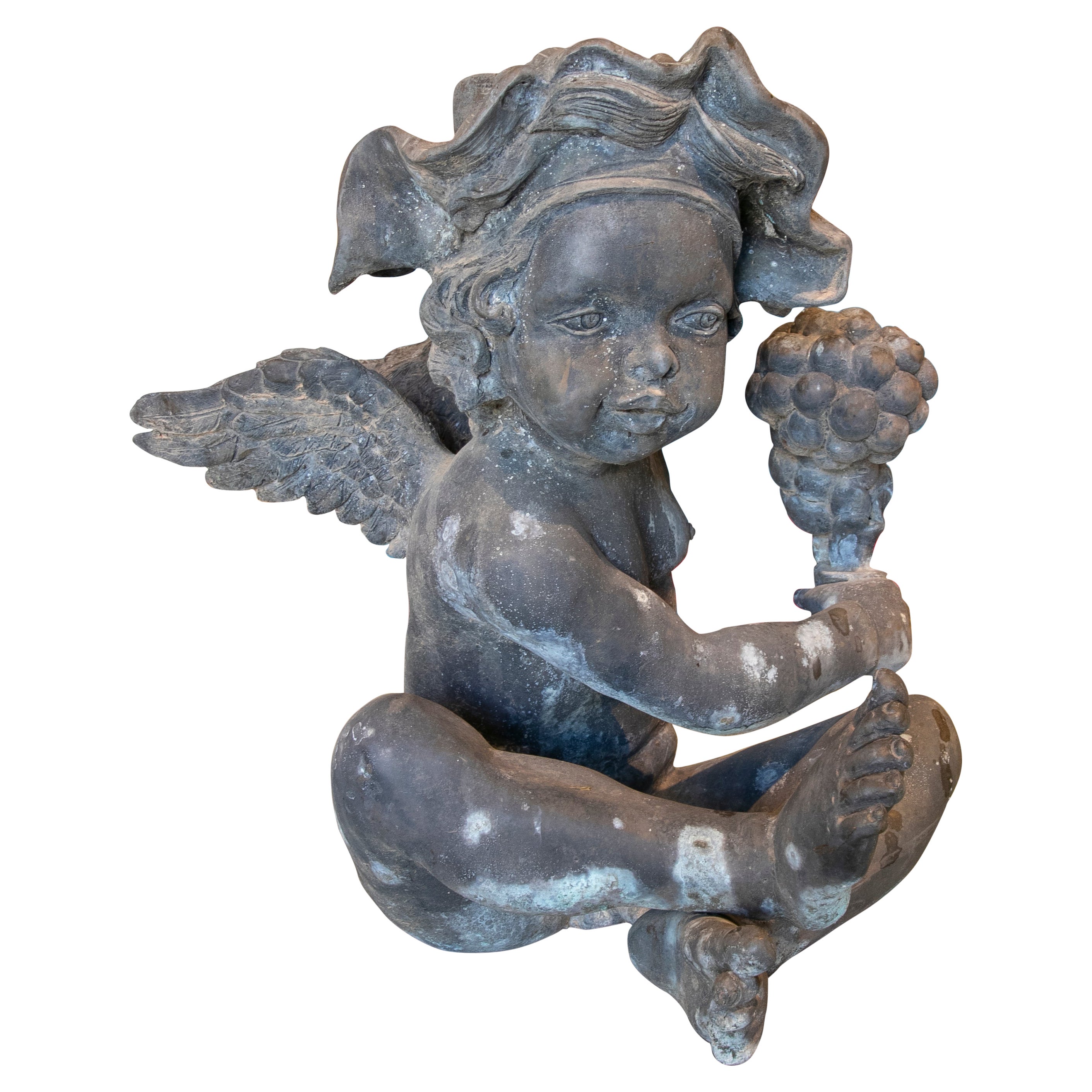 1970s Bronze French Bacchus Boy Sculpture with Wings and Grapes 