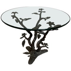 Willy Daro Brass & Glass Tree & Bird Sculptural End Table