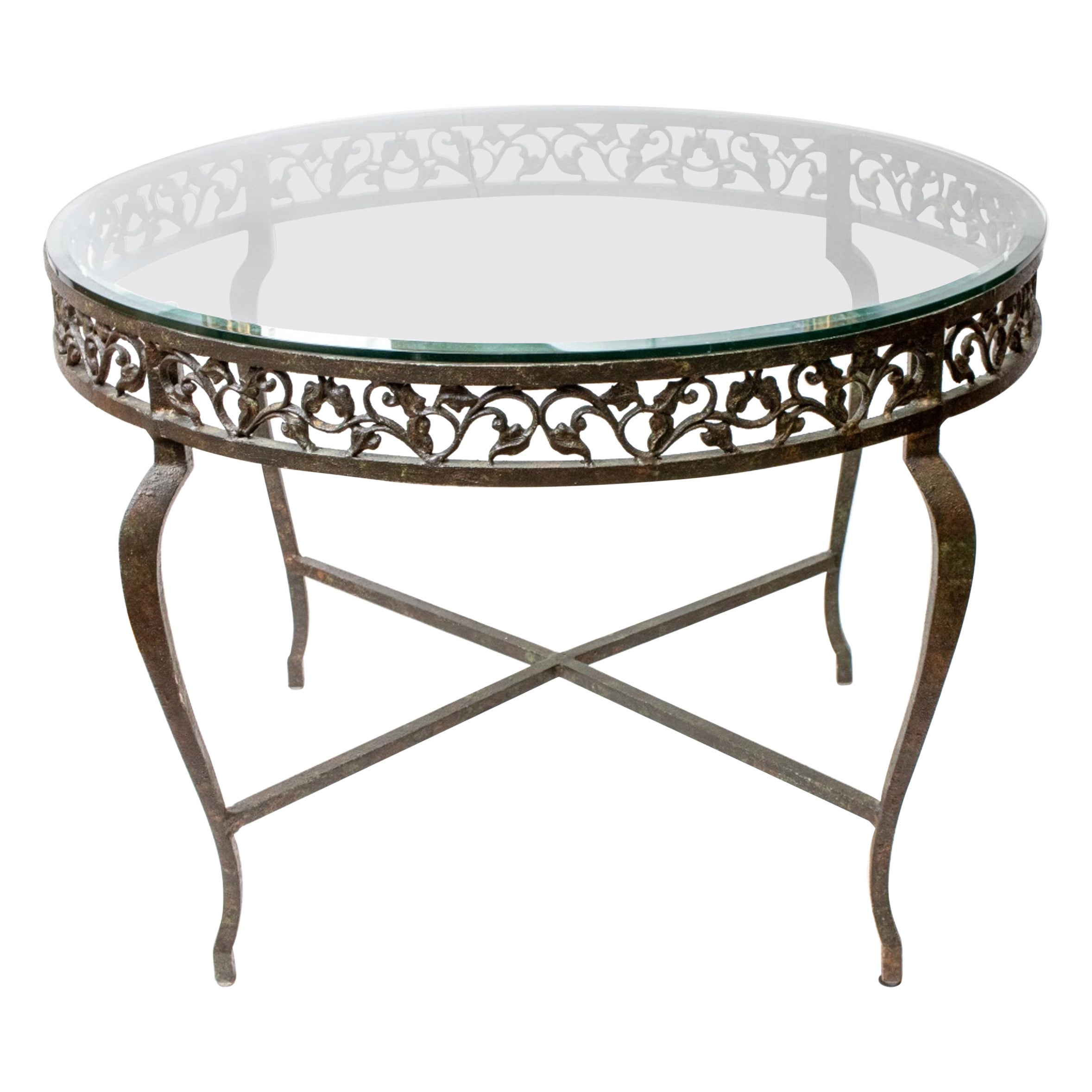 Wrought Iron Circular Table with Glass Top For Sale