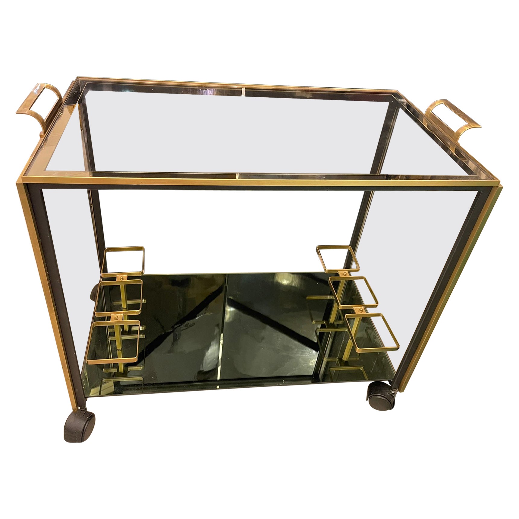 Brass and Fumè Glass Bar Cart, Italy 1960s For Sale