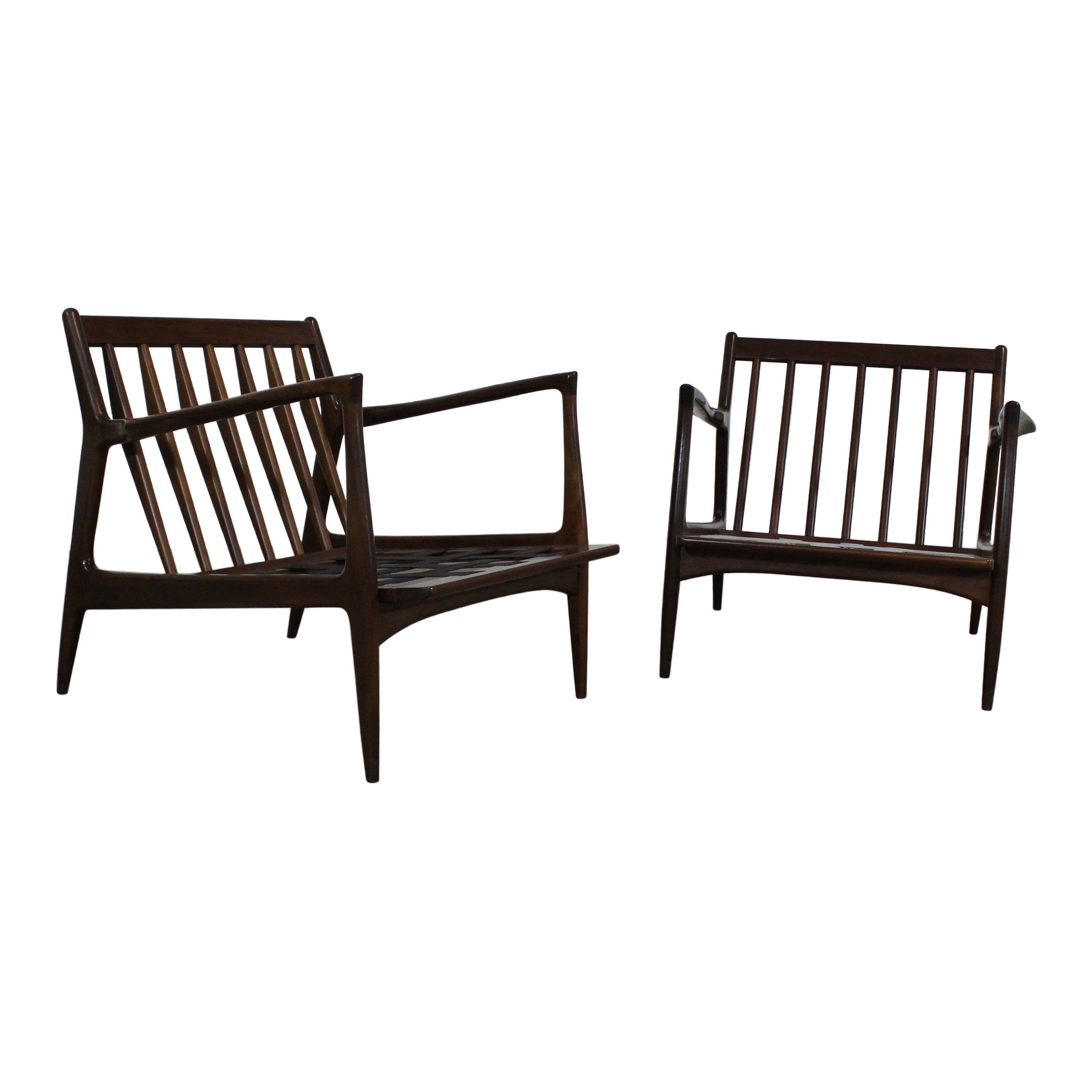 Pair of Mid Century Danish Modern Ib Kofod Larsen Walnut Open Arm Lounge Chairs