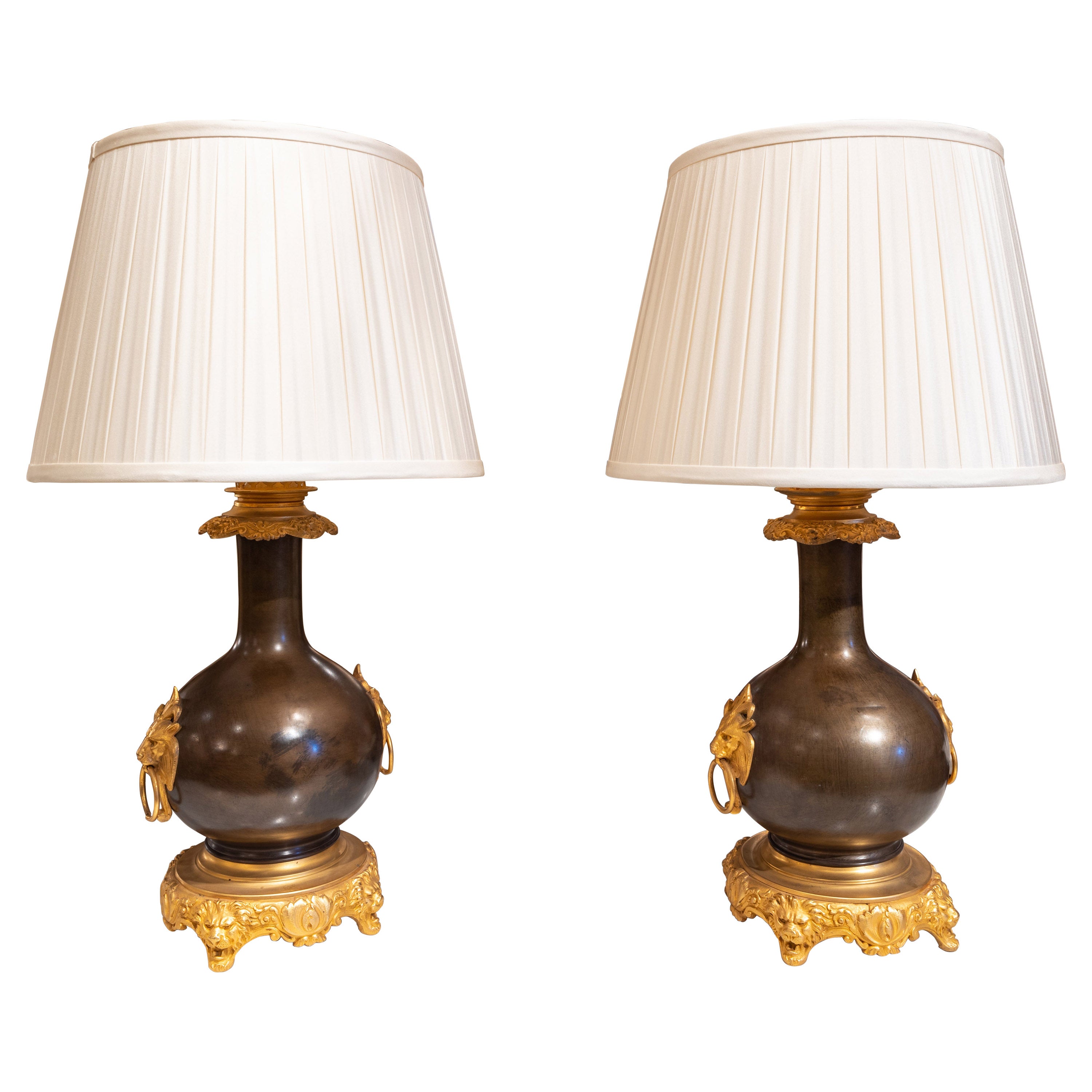 Beautiful Pair of 19th C Regence Style Bronze and Gilt Bronze Mounted Lamps For Sale